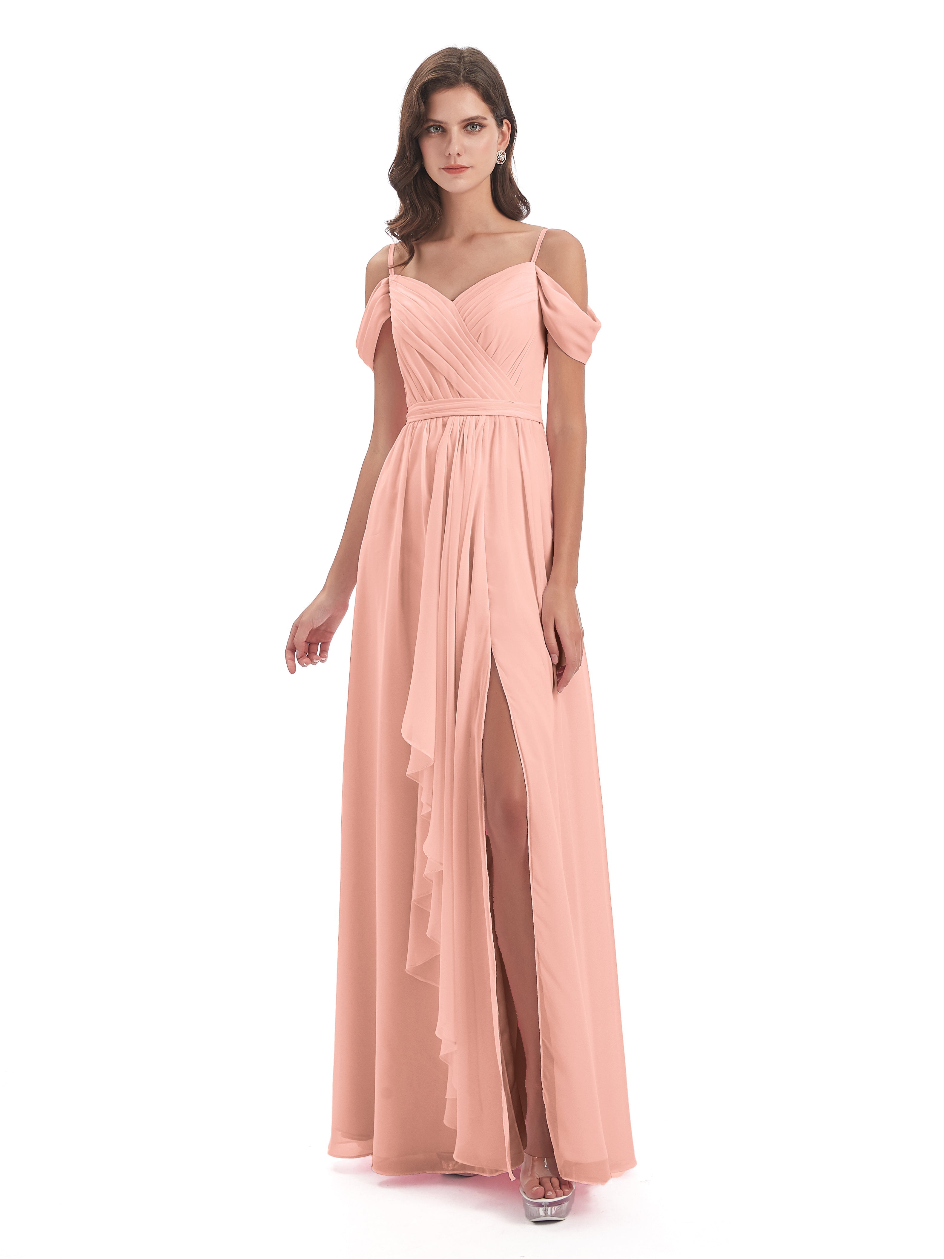 Robe De Demoiselle D Honneur Corail Bretelles Spaghetti Fendue Plis Robes Demoiselle D'Honneur