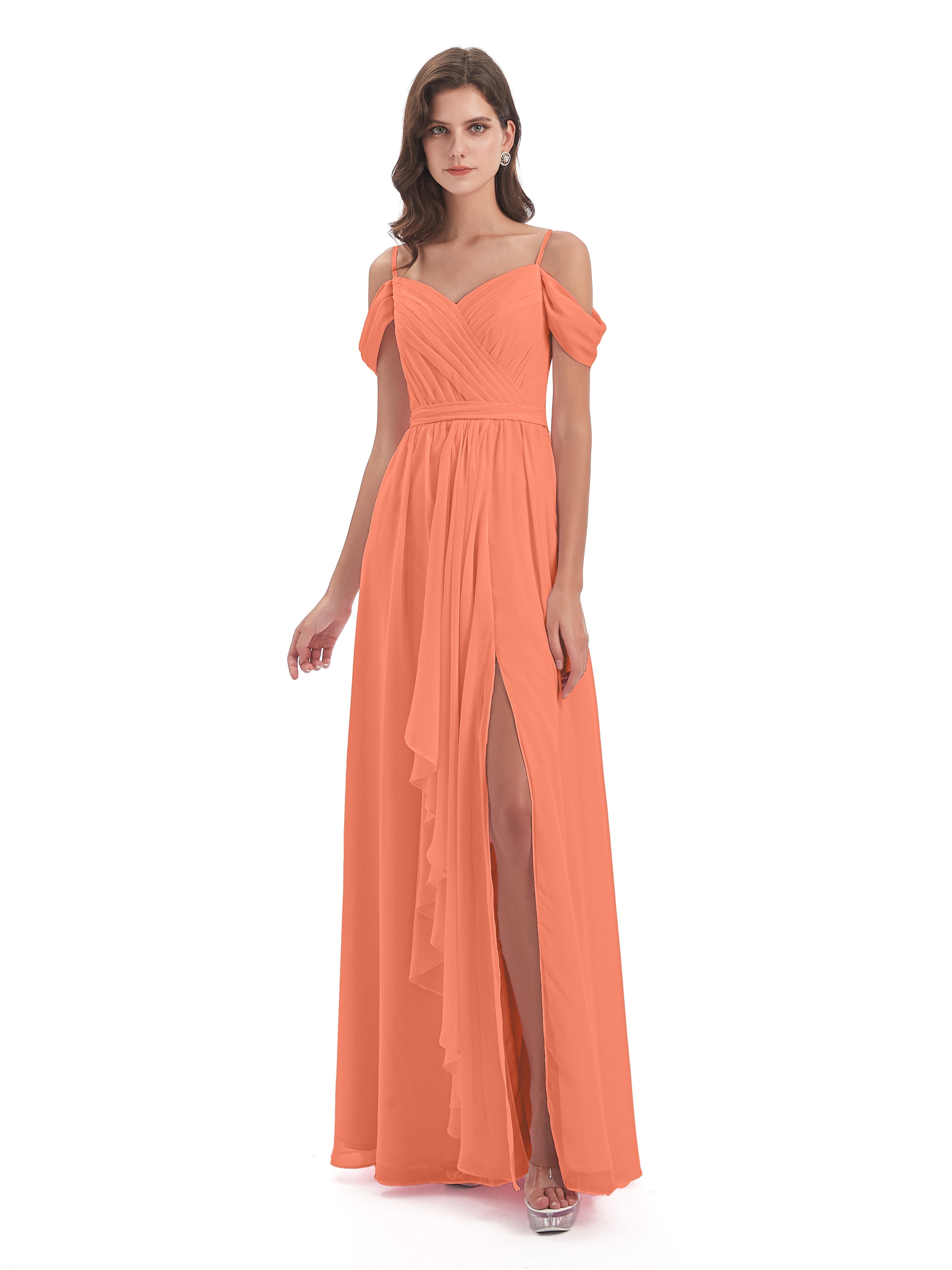 Robes De Demoiselle D'Honneur Coucher De Soleil Bretelles Spaghetti Fendue Plis Robes Demoiselle D'Honneur