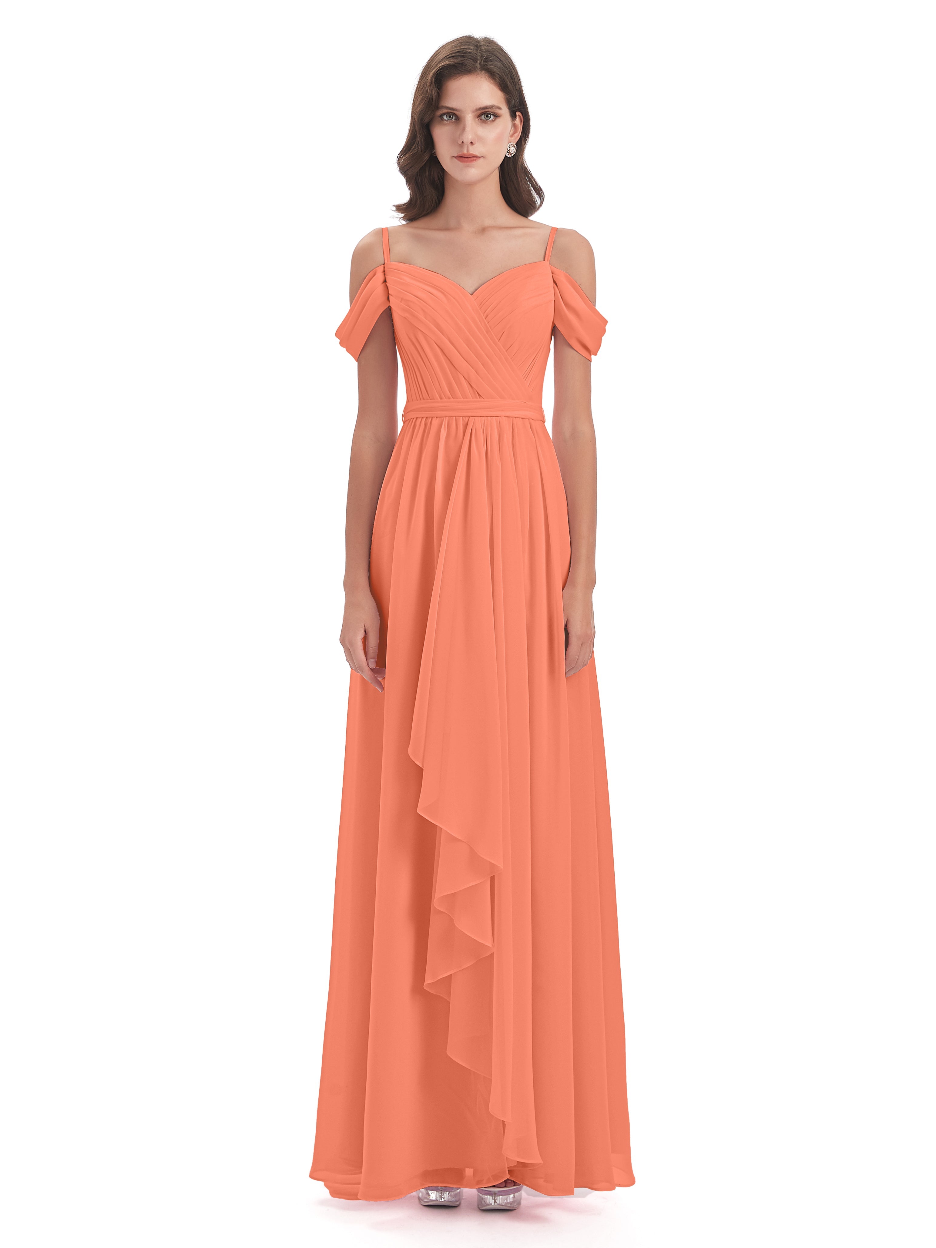 Robes De Demoiselle D'Honneur Coucher De Soleil Bretelles Spaghetti Fendue Plis Robes Demoiselle D'Honneur