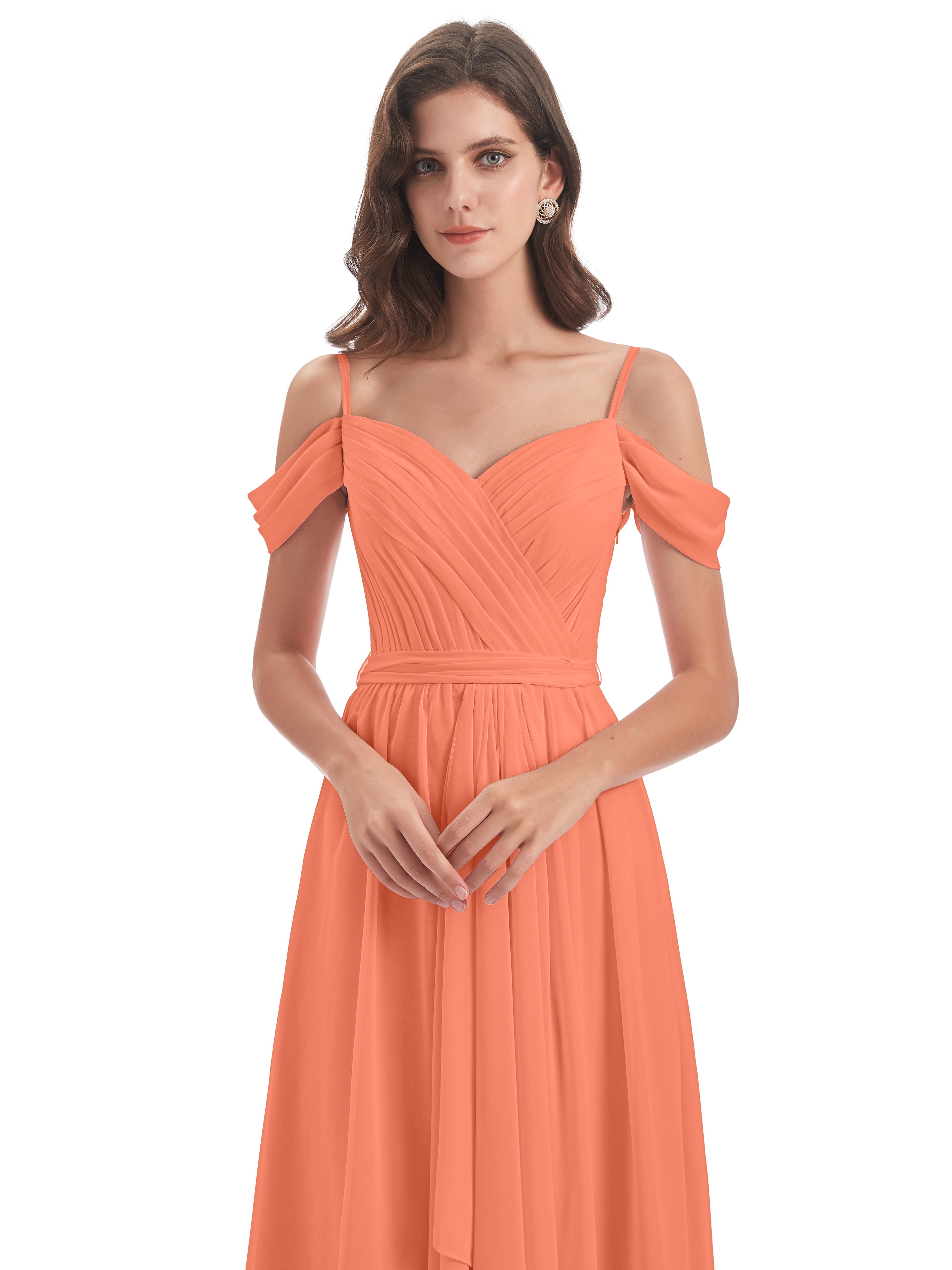 Robes De Demoiselle D'Honneur Coucher De Soleil Bretelles Spaghetti Fendue Plis Robes Demoiselle D'Honneur