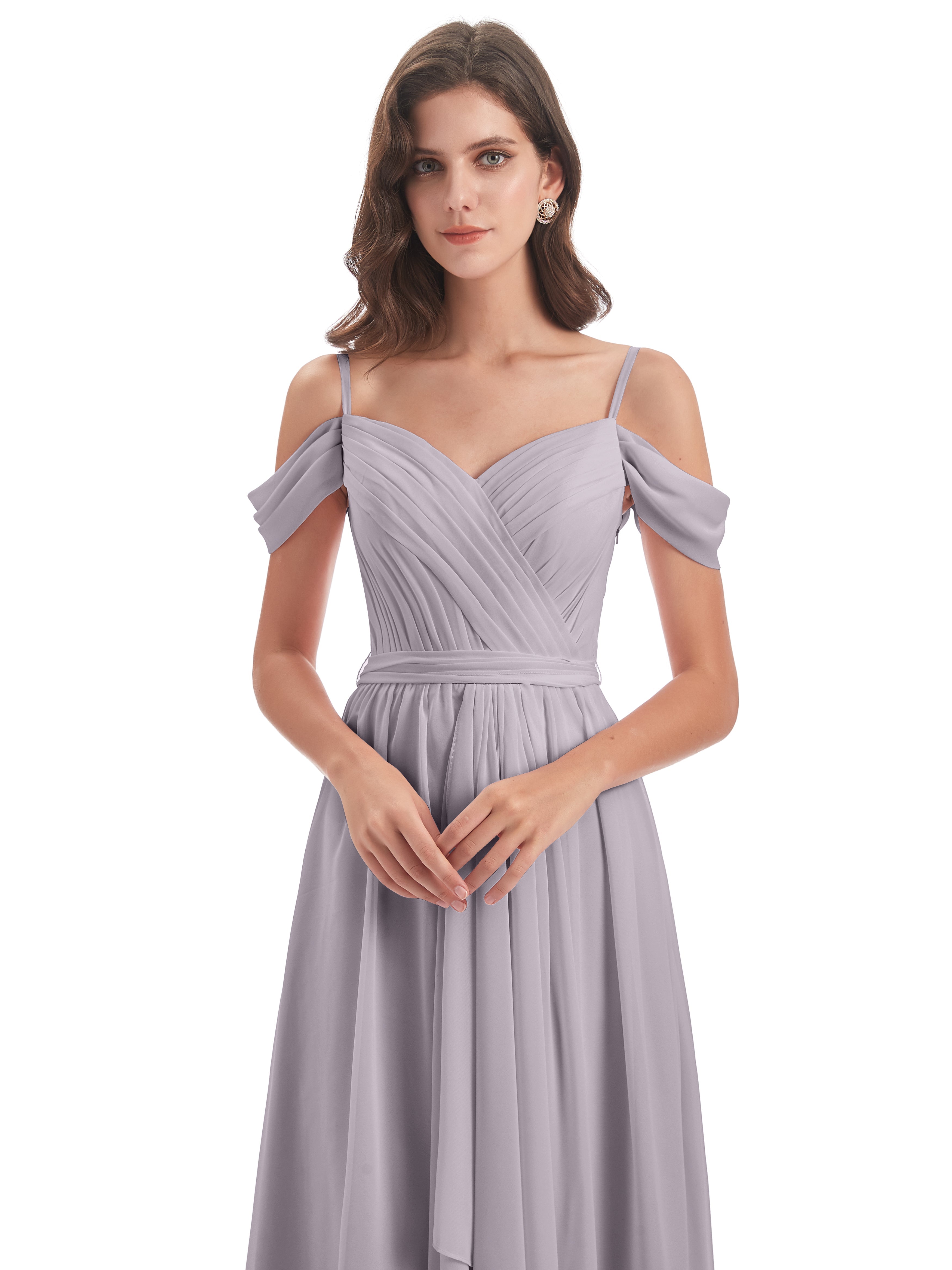 Robes De Demoiselle D'Honneur Couleur Crépuscule Bretelles Spaghetti Fendue Plis Robes Demoiselle D'Honneur