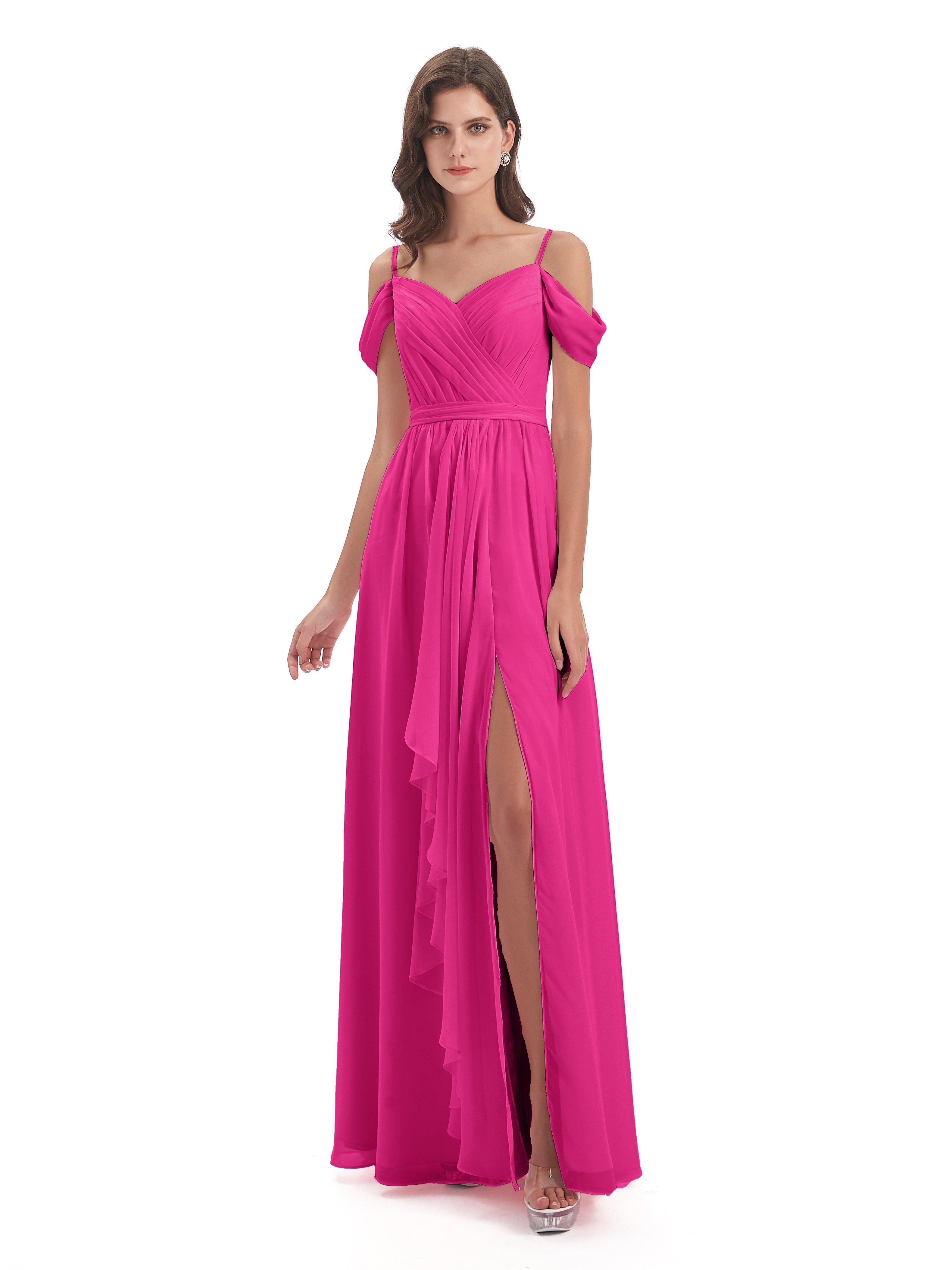 Robe Fuchsia Demoiselle D Honneur Bretelles Spaghetti Fendue Plis Robes Demoiselle D'Honneur
