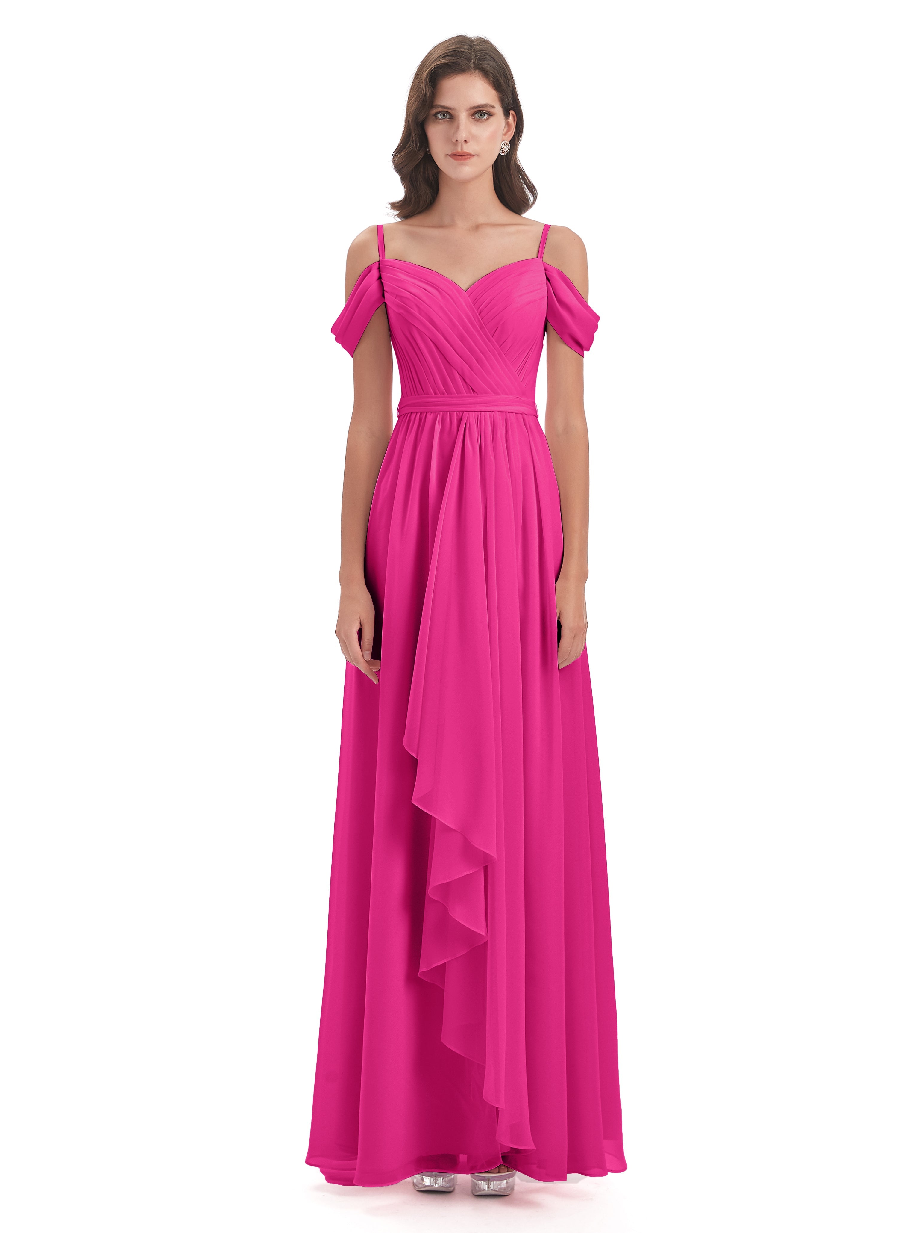 Robe Fuchsia Demoiselle D Honneur Bretelles Spaghetti Fendue Plis Robes Demoiselle D'Honneur