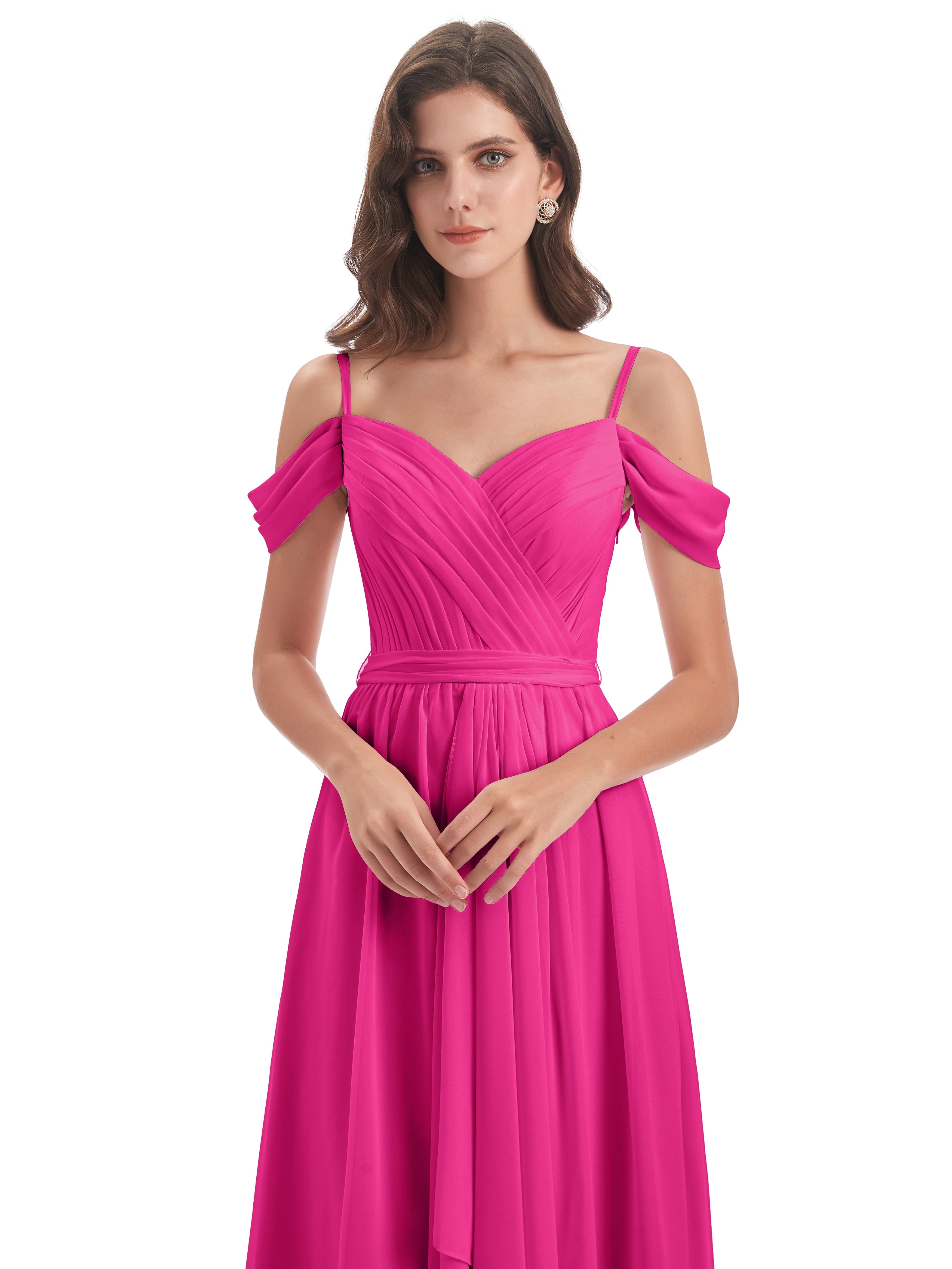 Robe Fuchsia Demoiselle D Honneur Bretelles Spaghetti Fendue Plis Robes Demoiselle D'Honneur