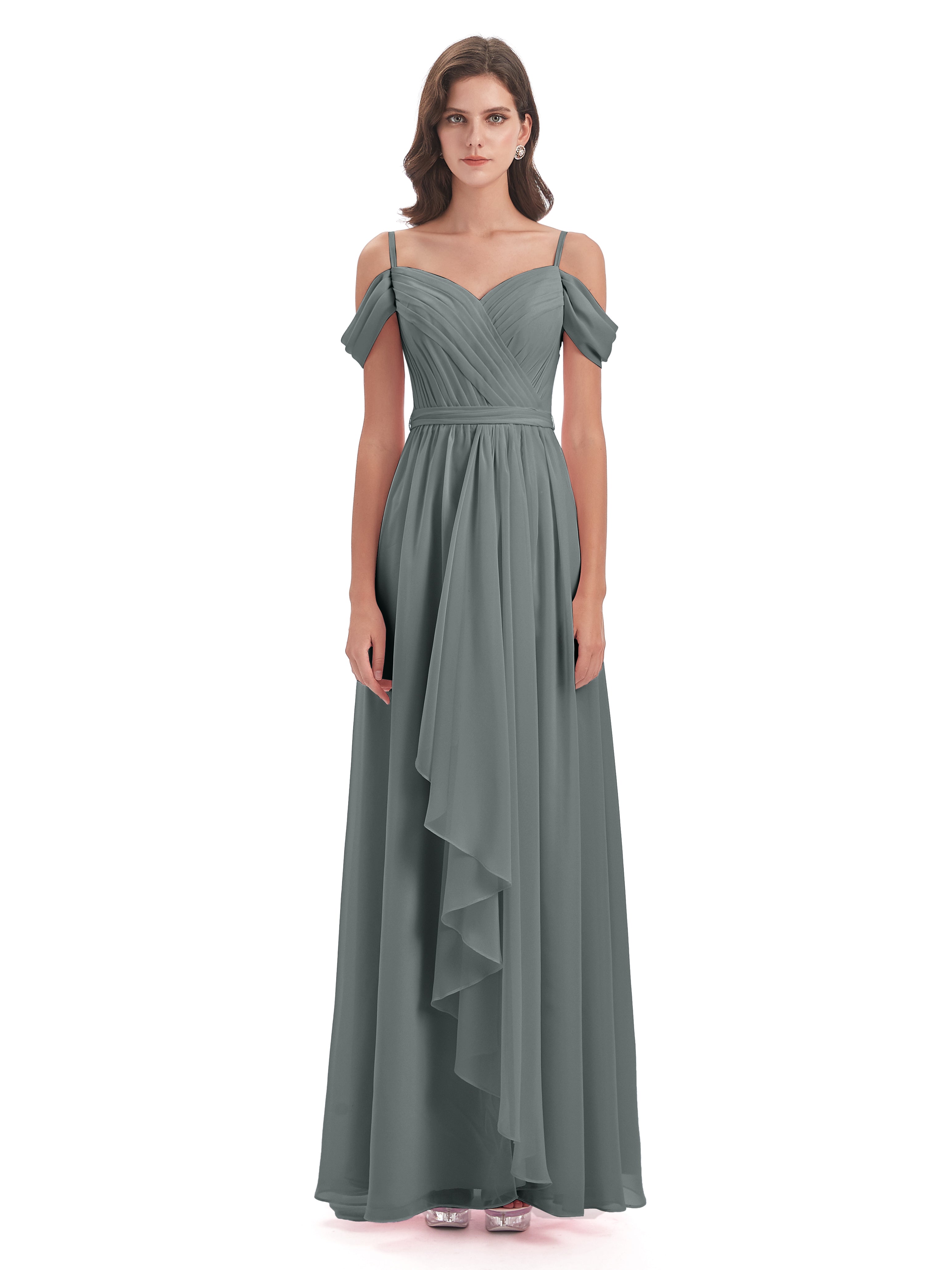 Robe De Demoiselle D Honneur Grise Bretelles Spaghetti Fendue Plis Robes Demoiselle D'Honneur