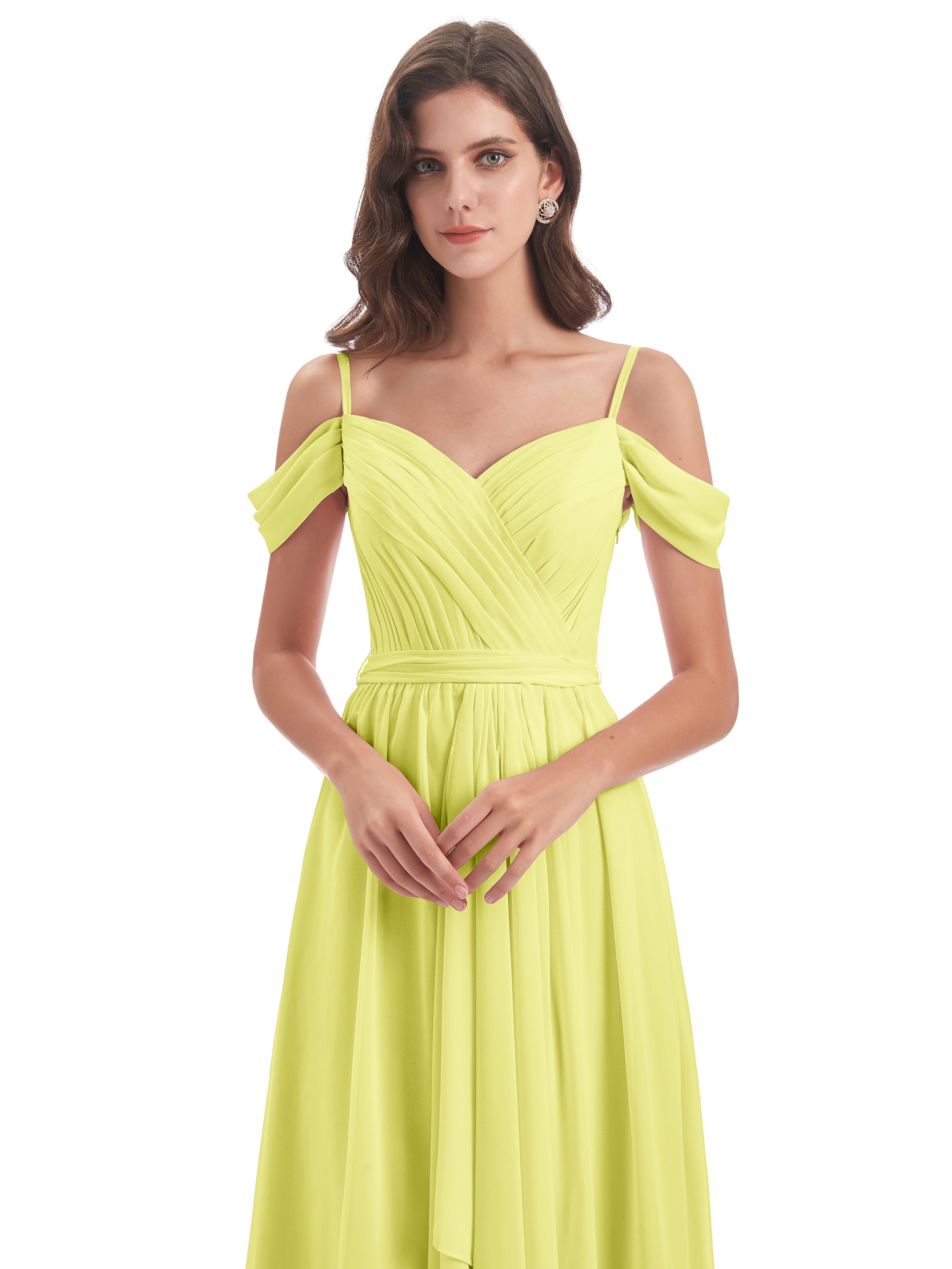 Robes De Demoiselle D'Honneur Jonquille Bretelles Spaghetti Fendue Plis Robes Demoiselle D'Honneur