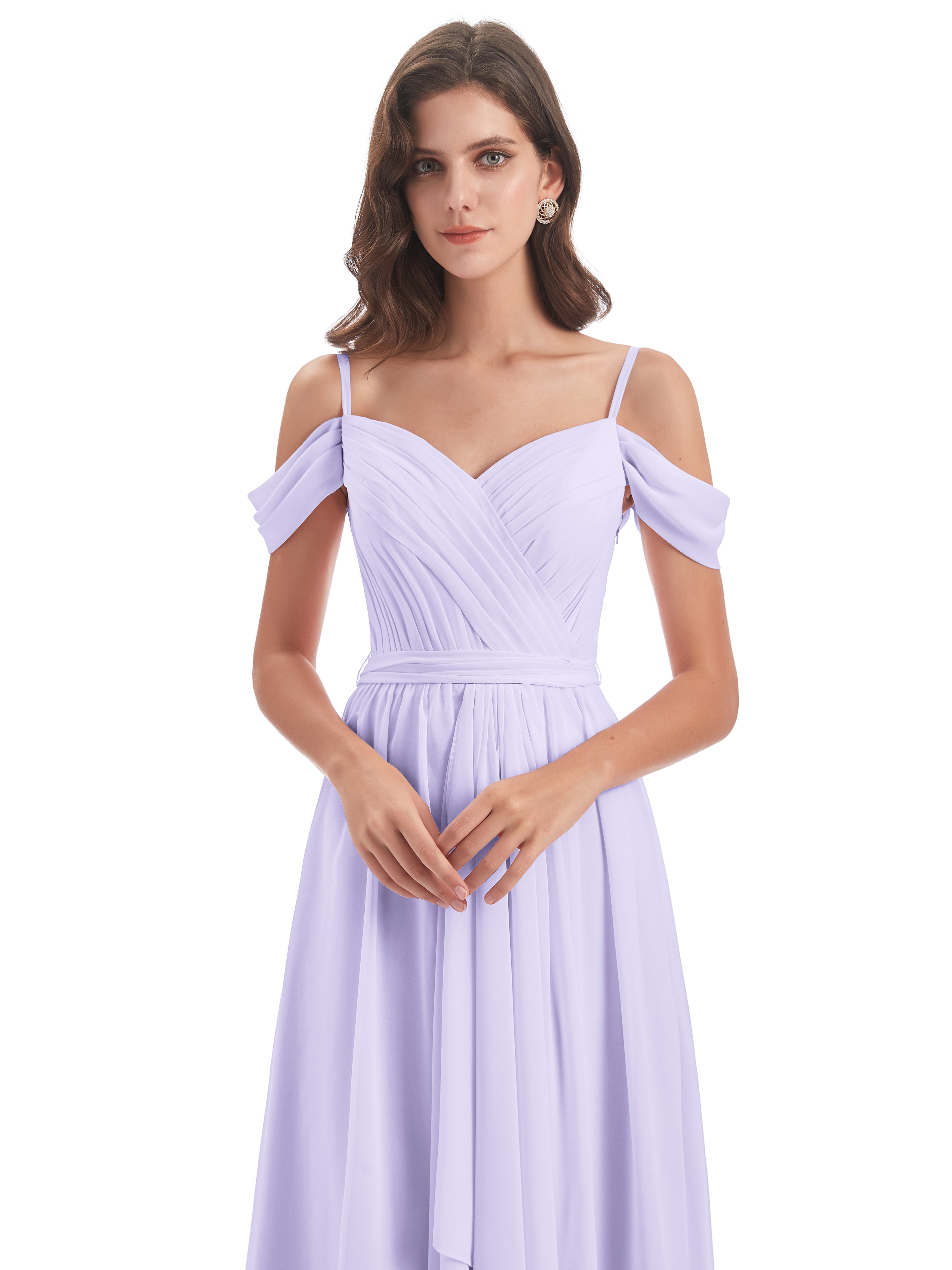 Robe Longue Lilas Demoiselle D Honneur Bretelles Spaghetti Fendue Plis Robes Demoiselle D'Honneur