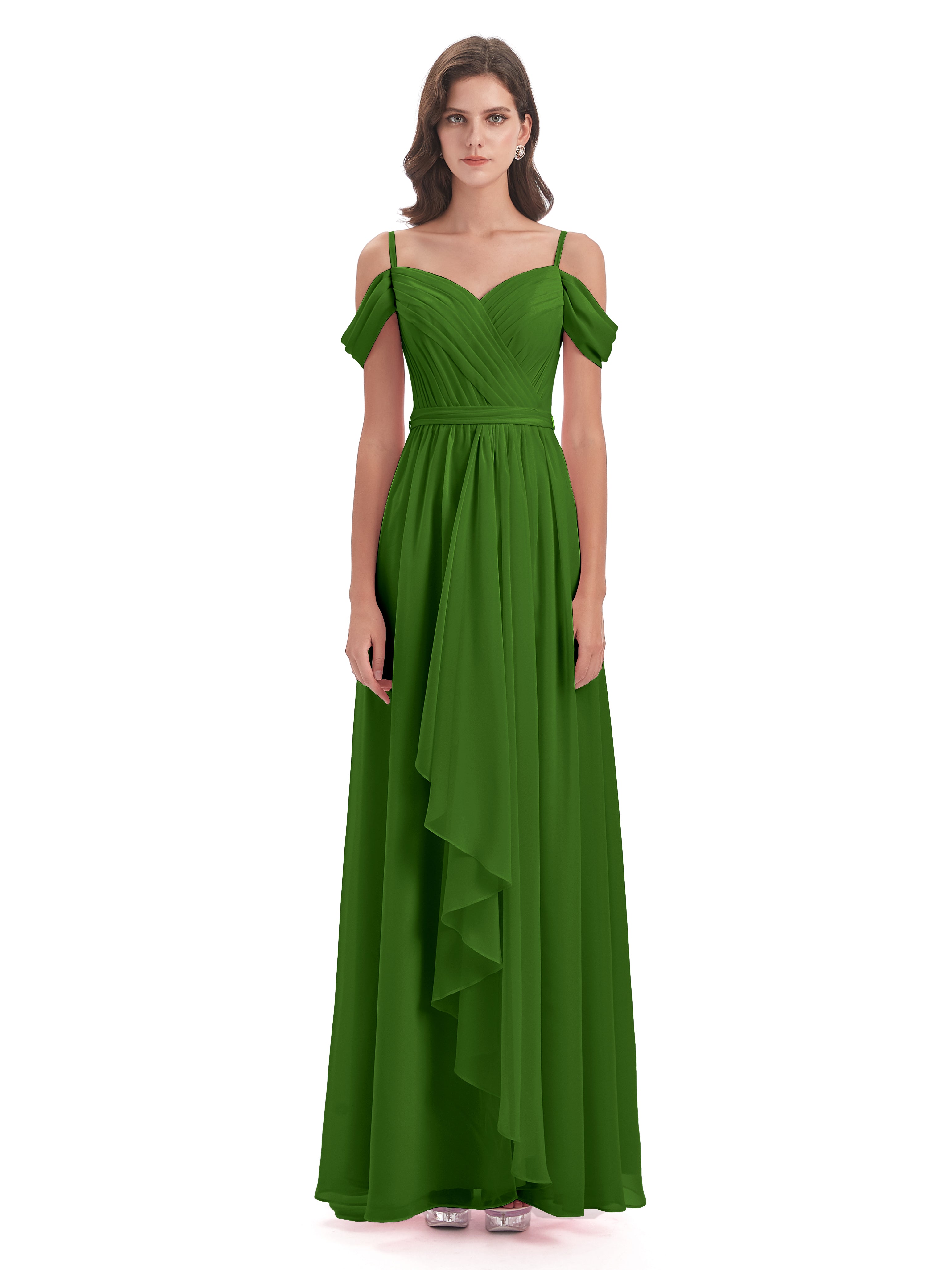 Robes De Demoiselle D'Honneur Vert Mousse Bretelles Spaghetti Fendue Plis Robes Demoiselle D'Honneur