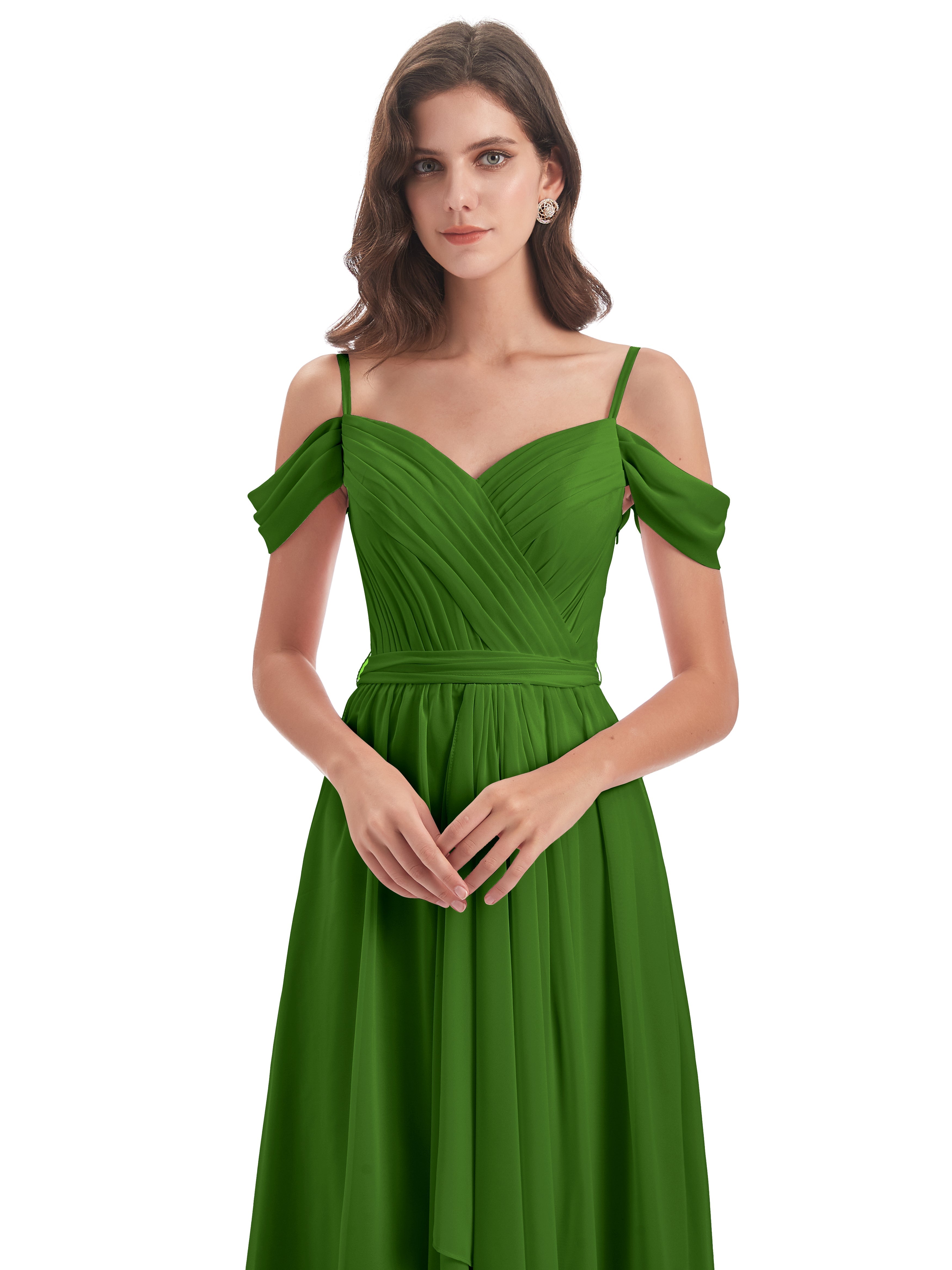 Robes De Demoiselle D'Honneur Vert Mousse Bretelles Spaghetti Fendue Plis Robes Demoiselle D'Honneur