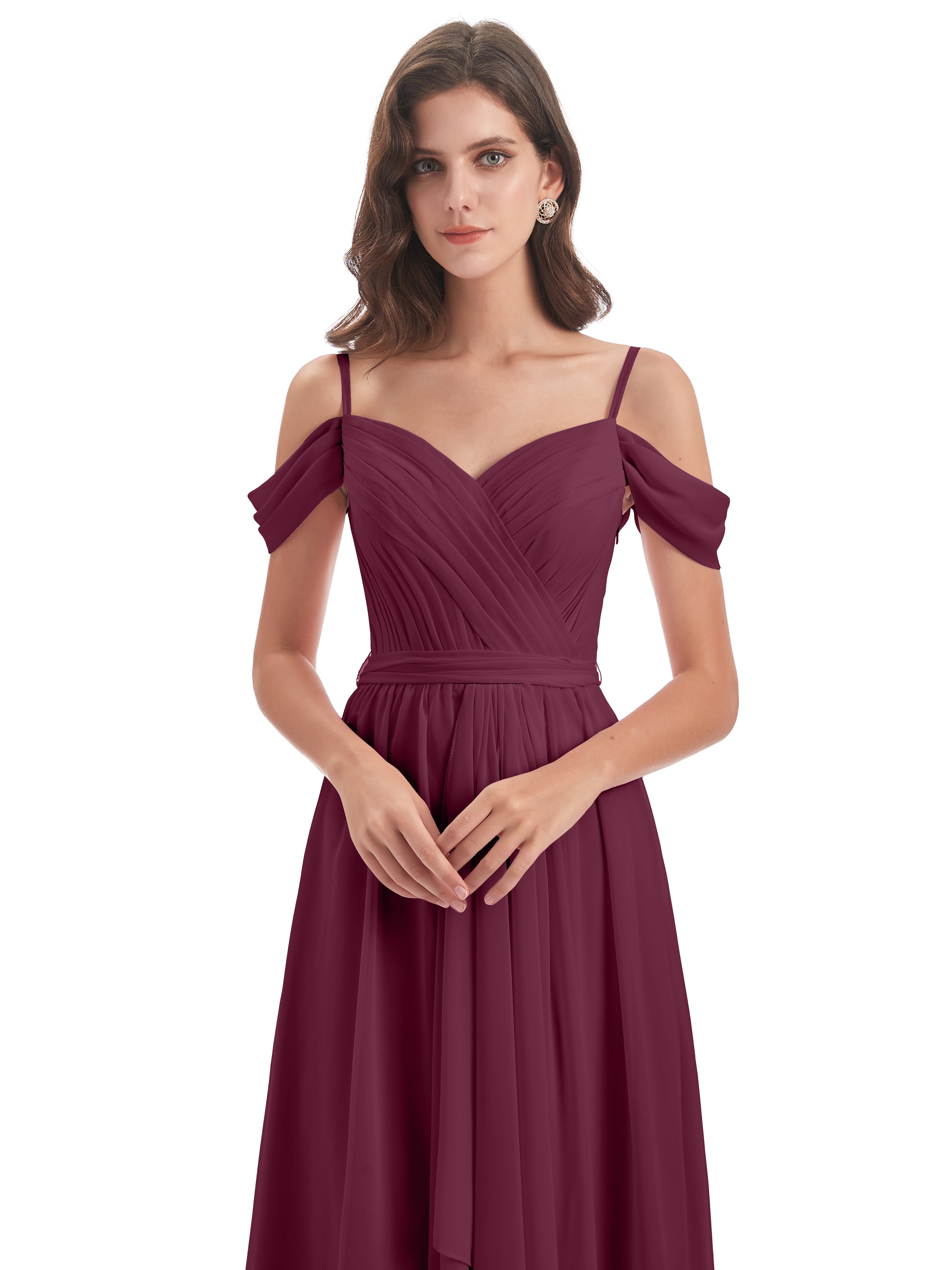 Robes De Demoiselle D'Honneur Mûre Bretelles Spaghetti Fendue Plis Robes Demoiselle D'Honneur