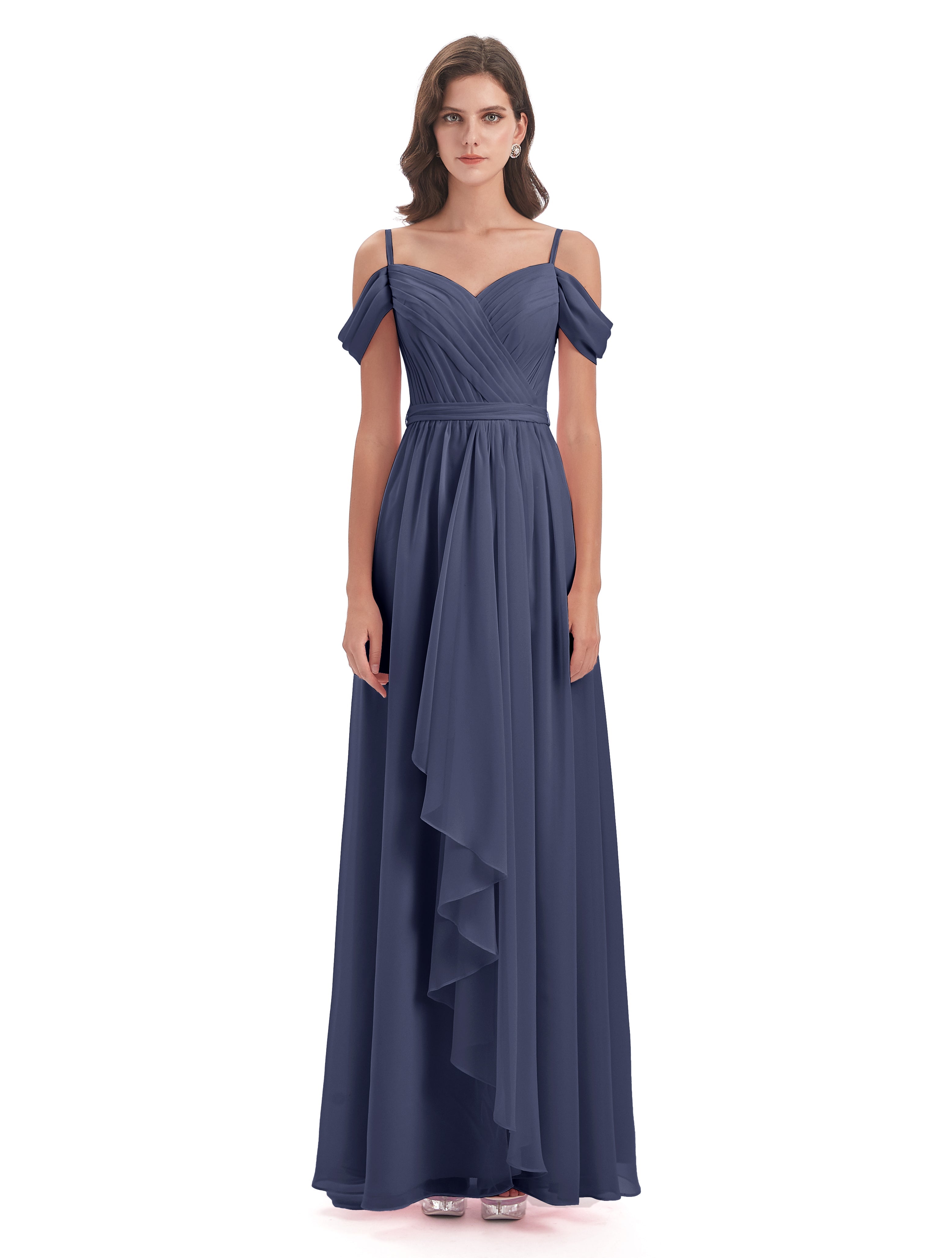 Robes De Demoiselle D'Honneur Bleu Orageux Bretelles Spaghetti Fendue Plis Robes Demoiselle D'Honneur