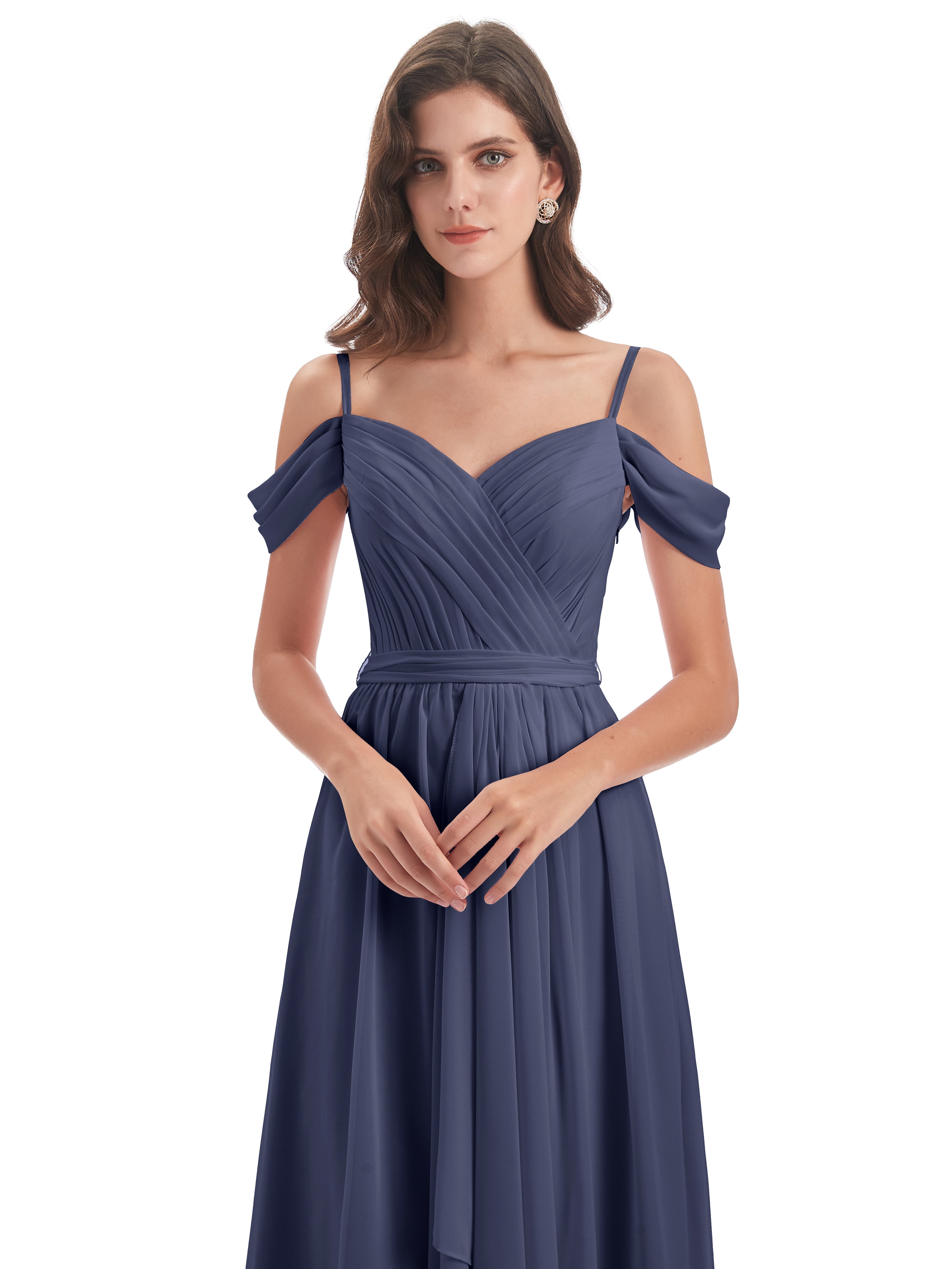 Robes De Demoiselle D'Honneur Bleu Orageux Bretelles Spaghetti Fendue Plis Robes Demoiselle D'Honneur