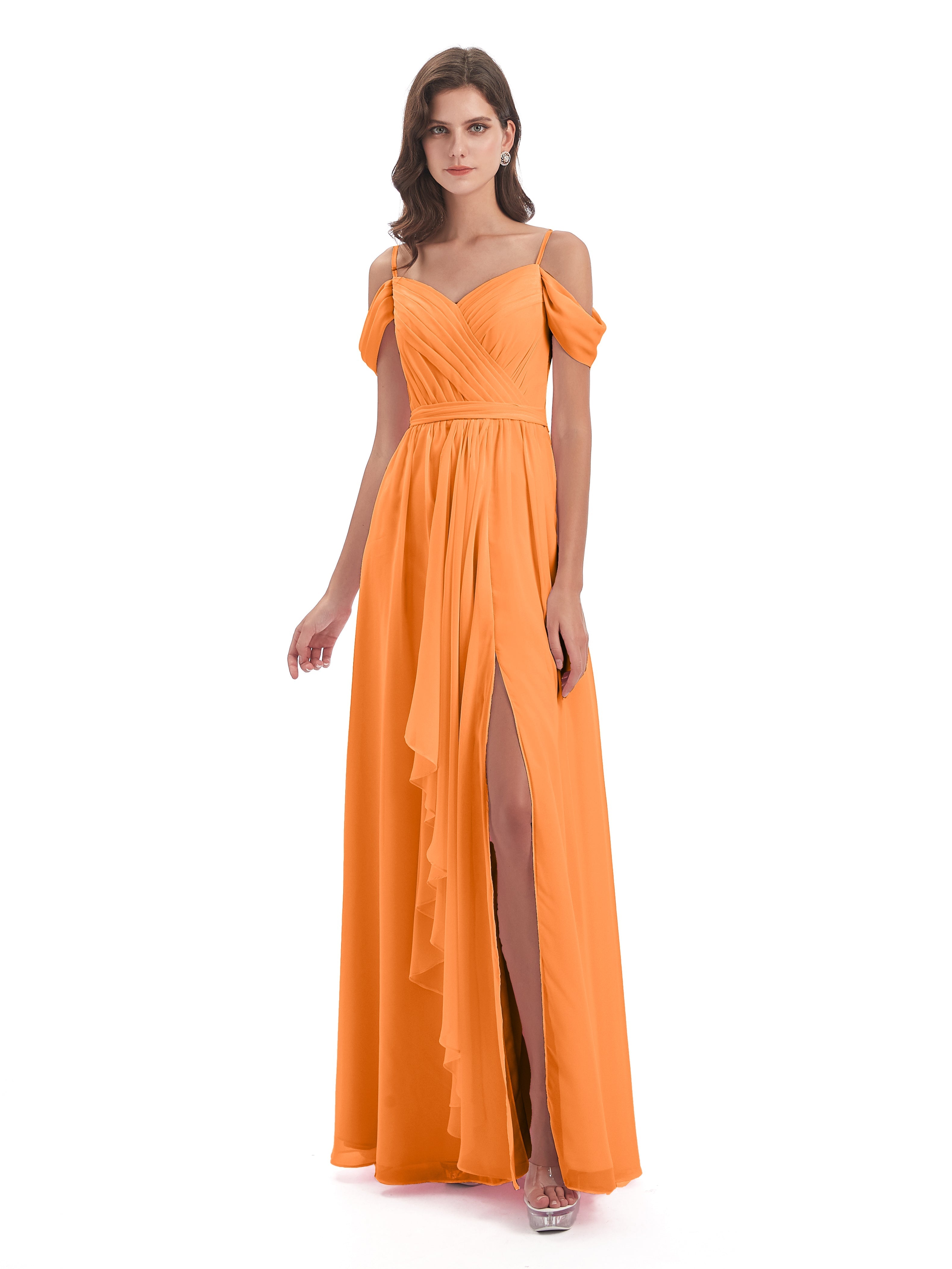 Robe Demoiselle Dhonneur Orange Bretelles Spaghetti Fendue Plis Robes Demoiselle D'Honneur