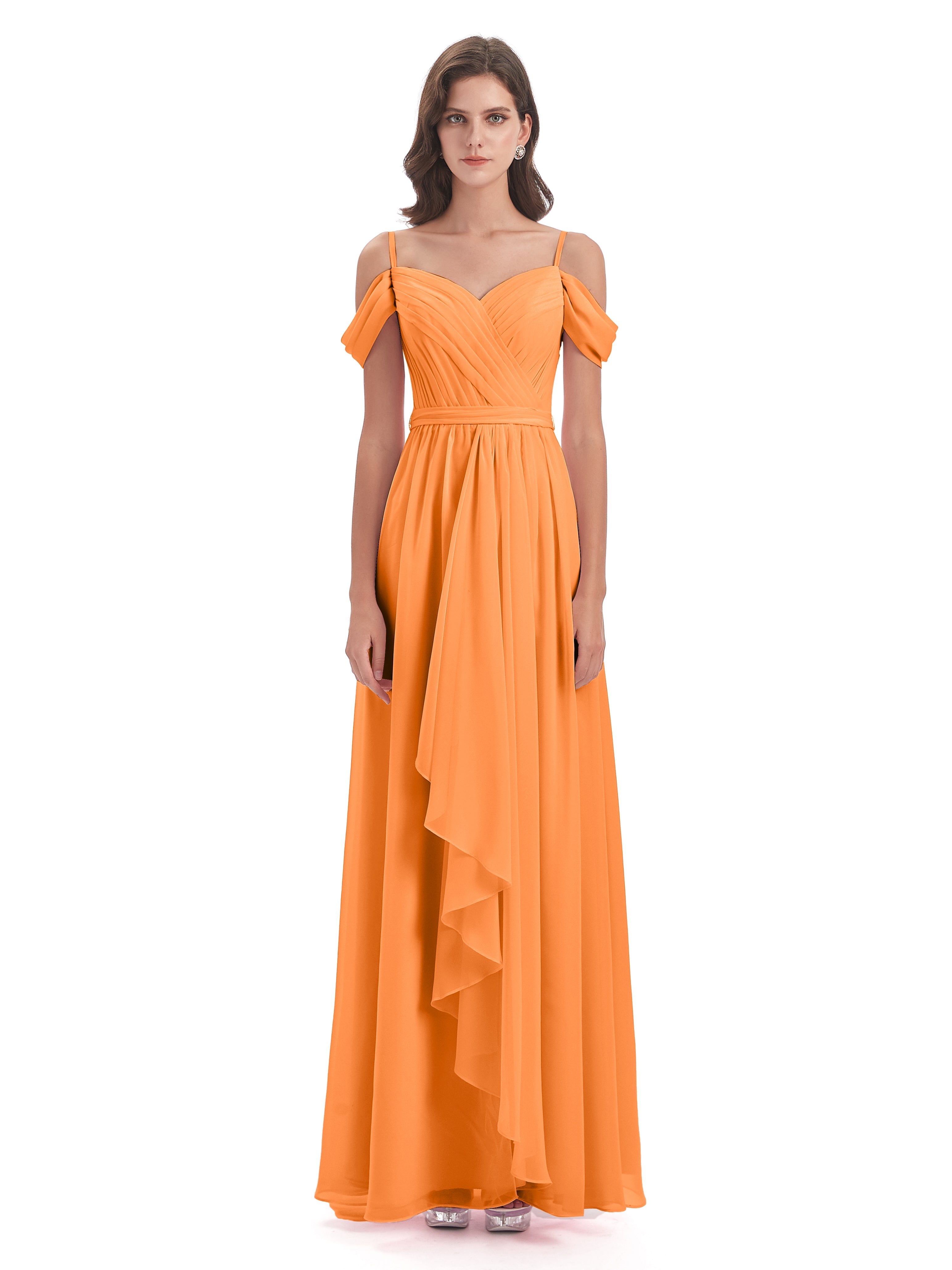 Robe Demoiselle Dhonneur Orange Bretelles Spaghetti Fendue Plis Robes Demoiselle D'Honneur