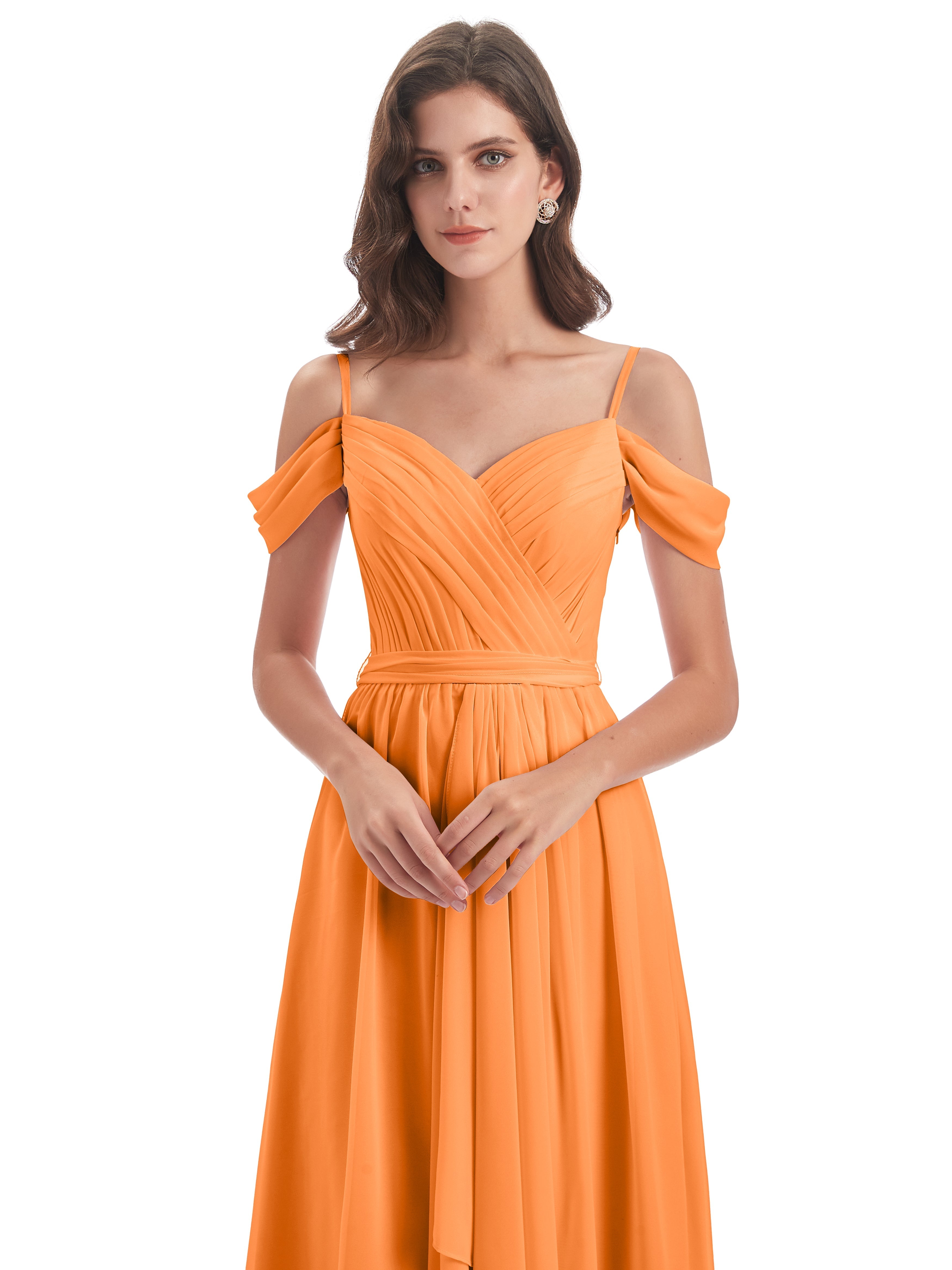 Robe Demoiselle Dhonneur Orange Bretelles Spaghetti Fendue Plis Robes Demoiselle D'Honneur