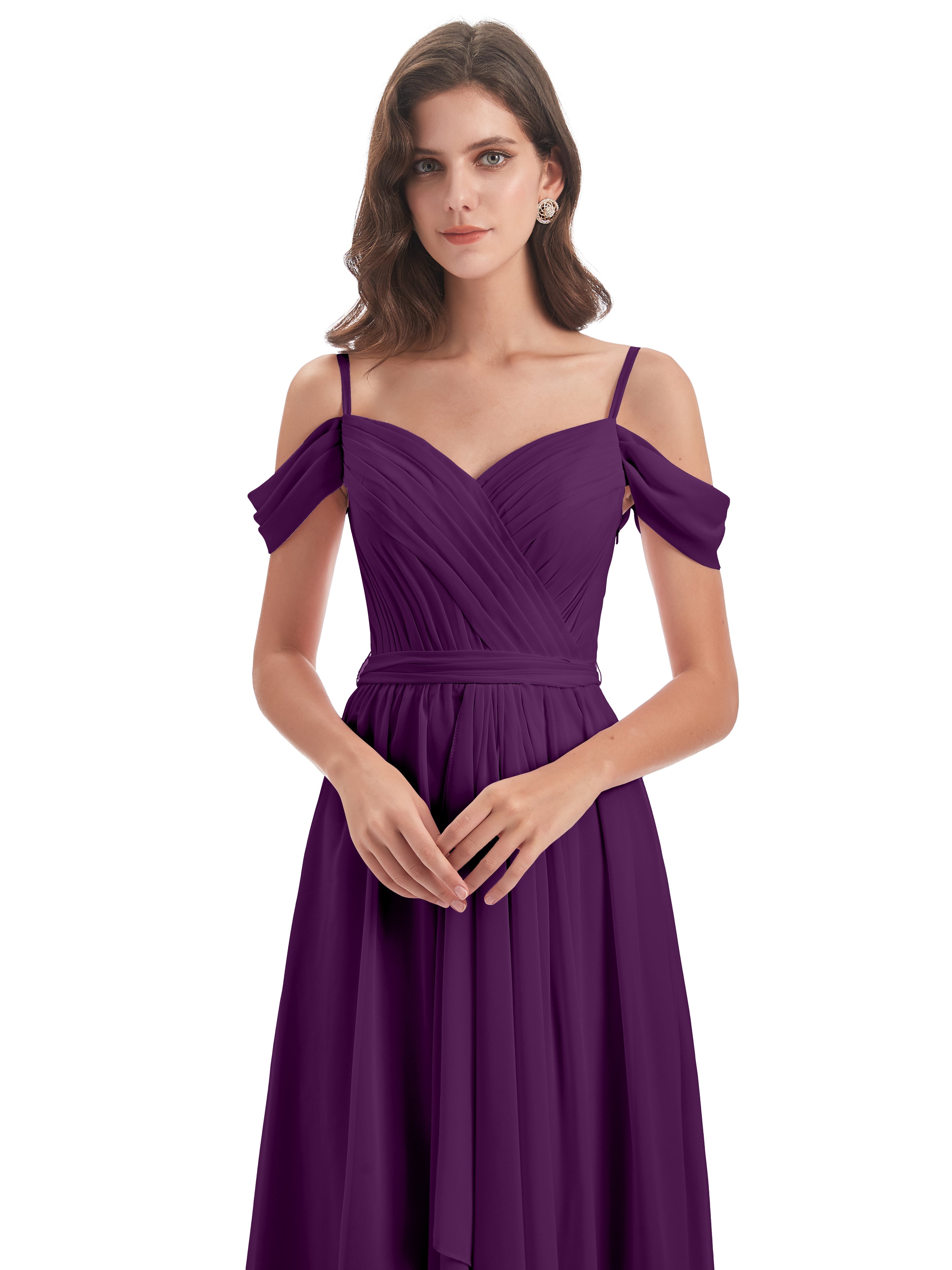 Robes De Demoiselle D'Honneur En Raisin Bretelles Spaghetti Fendue Plis Robes Demoiselle D'Honneur