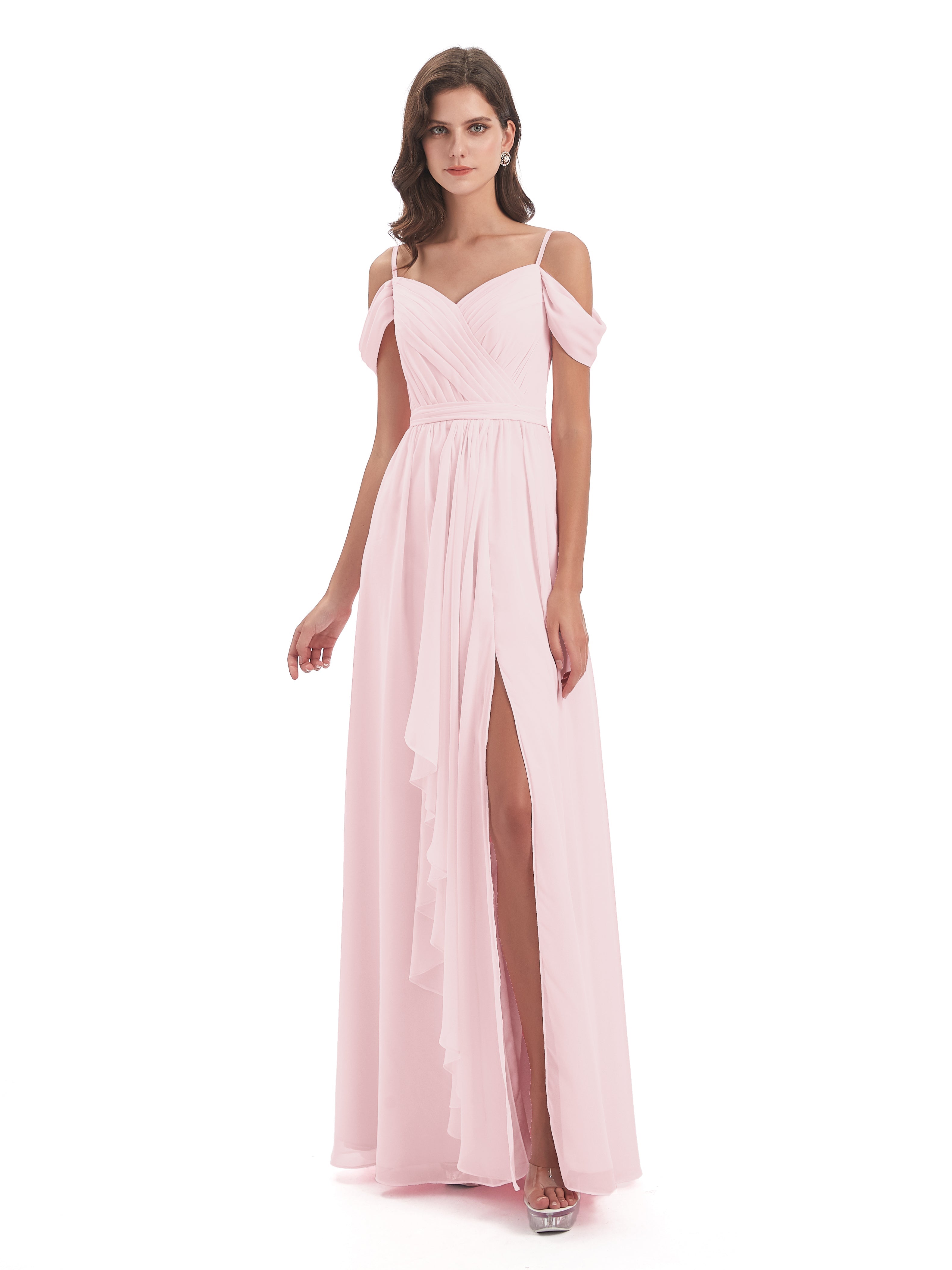 Robe Demoiselle Dhonneur Rose Pale Bretelles Spaghetti Fendue Plis Robes Demoiselle D'Honneur