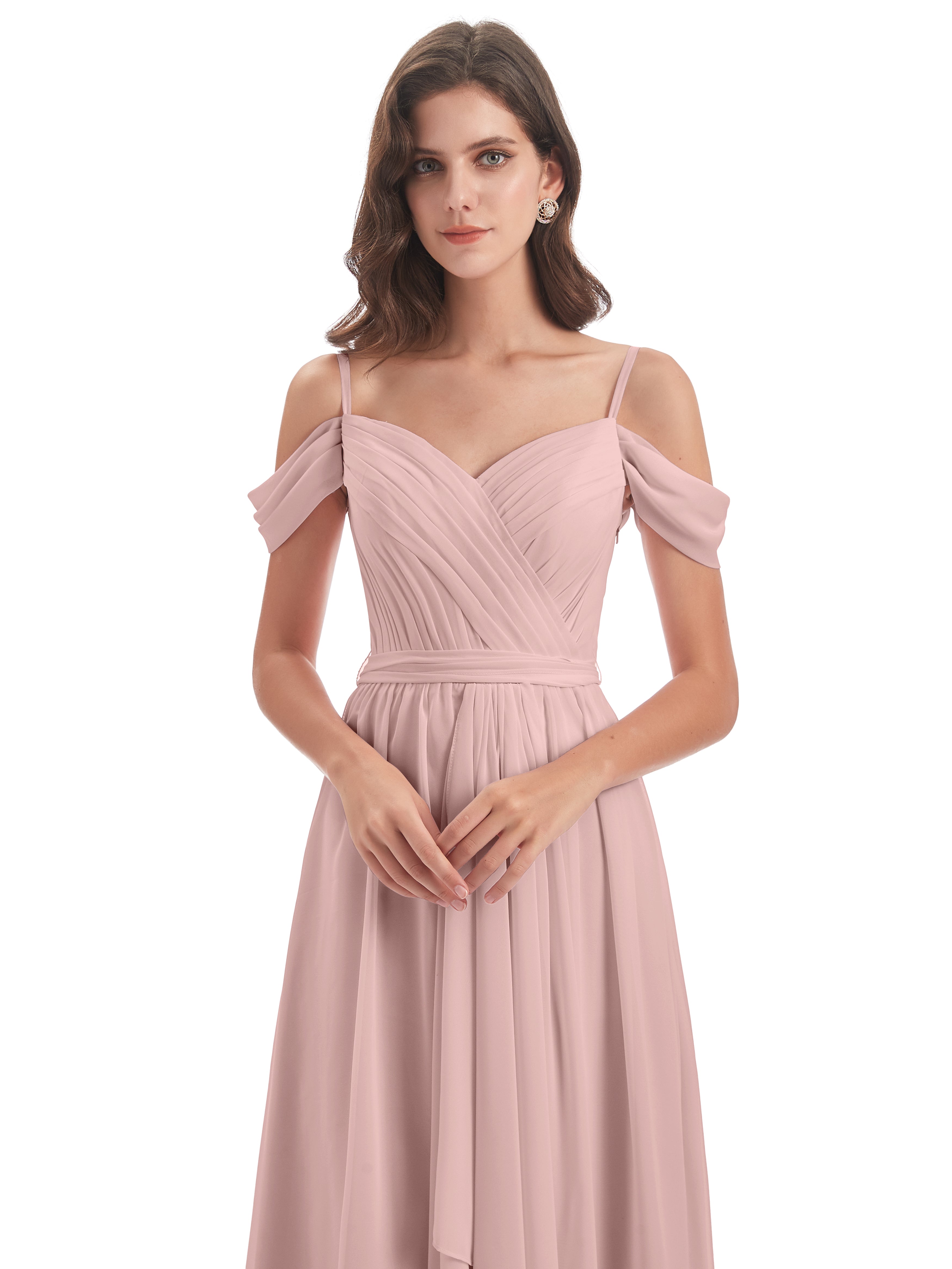 Robe Demoiselle D Honneur Rose Poudré Bretelles Spaghetti Fendue Plis Robes Demoiselle D'Honneur