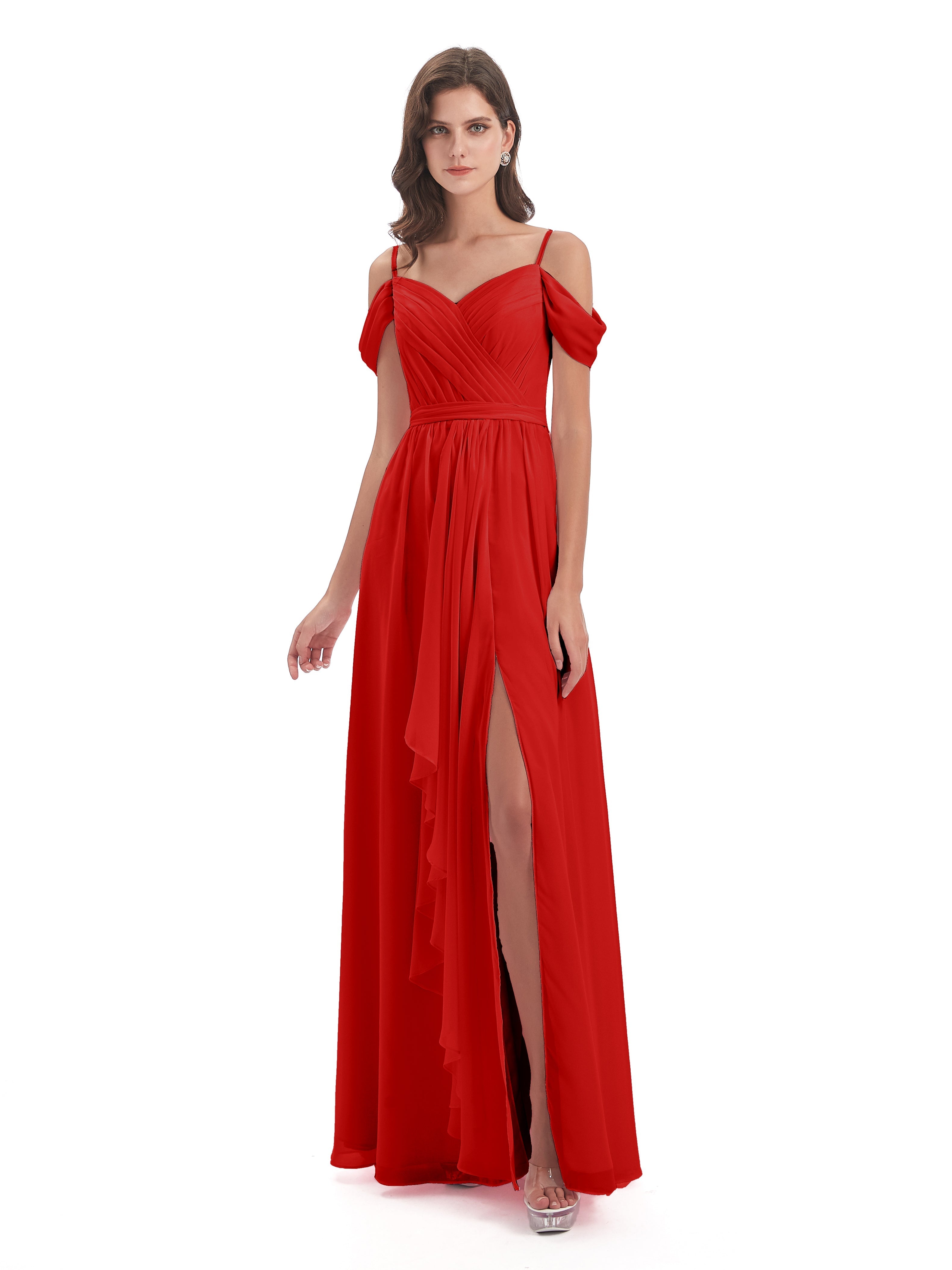 Robes De Demoiselle D'Honneur Rouges Longues Bretelles Spaghetti Fendue Plis Robes Demoiselle D'Honneur