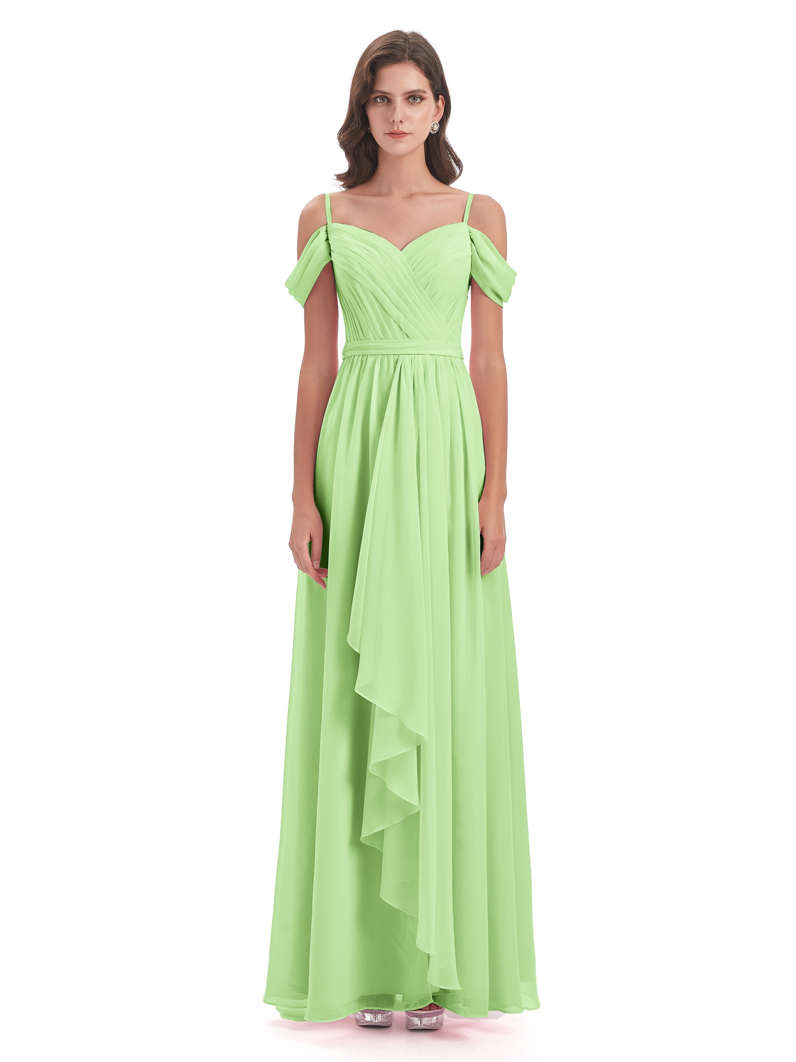 Robe De Demoiselle D Honneur Vert Sauge Bretelles Spaghetti Fendue Plis Robes Demoiselle D'Honneur