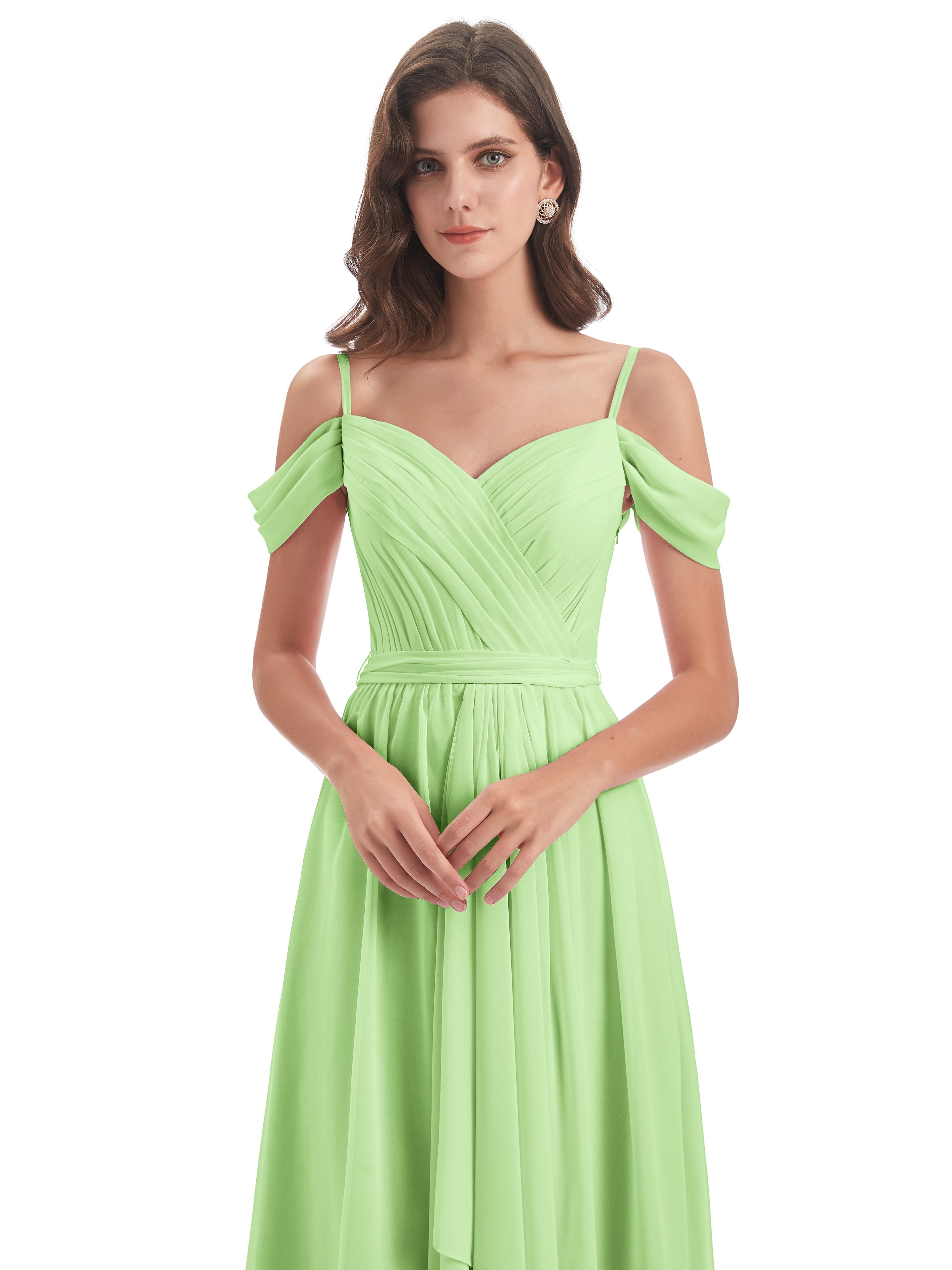 Robe De Demoiselle D Honneur Vert Sauge Bretelles Spaghetti Fendue Plis Robes Demoiselle D'Honneur