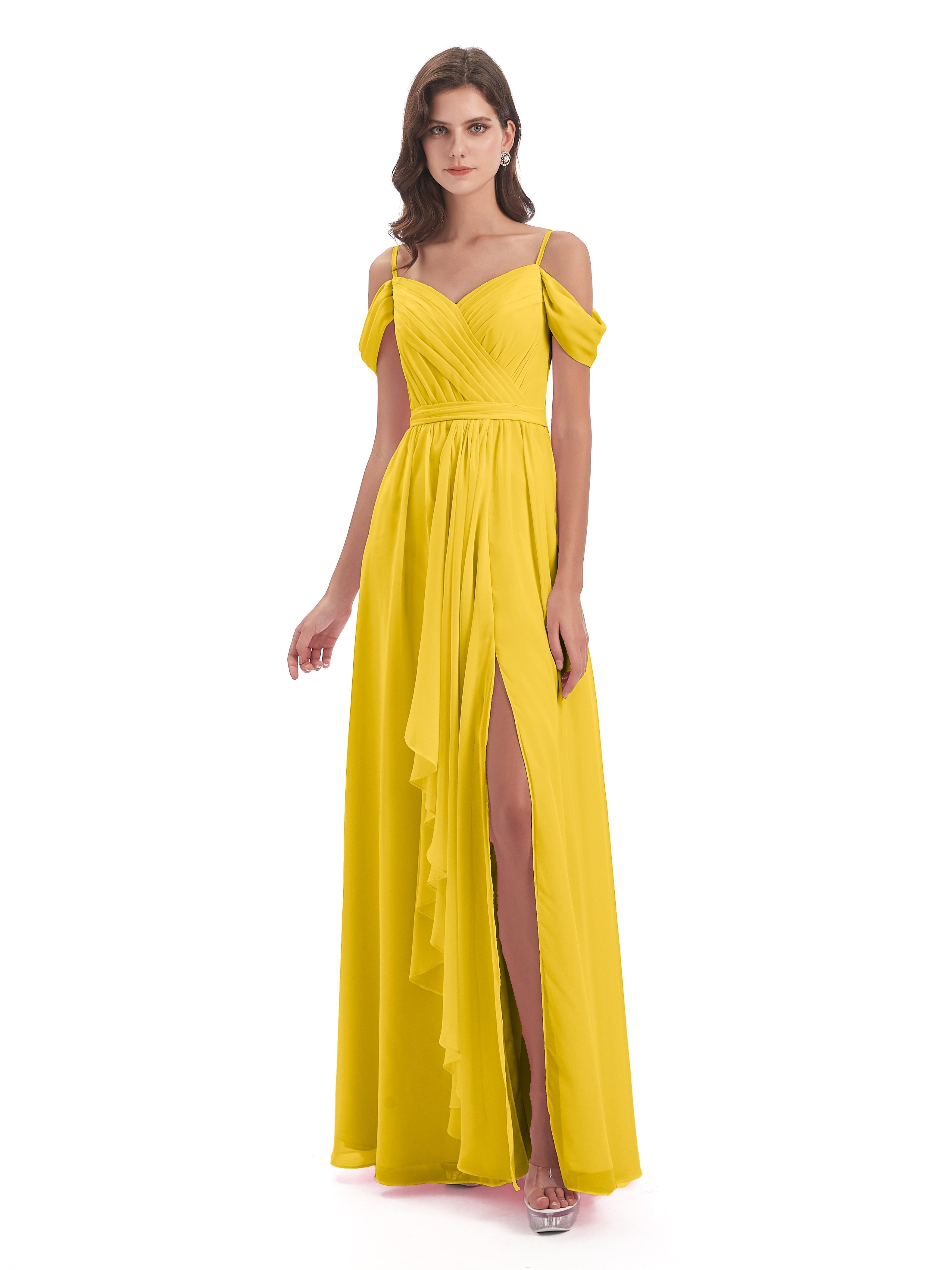 Robe De Demoiselle D'Honneur Souci Bretelles Spaghetti Fendue Plis Robes Demoiselle D'Honneur