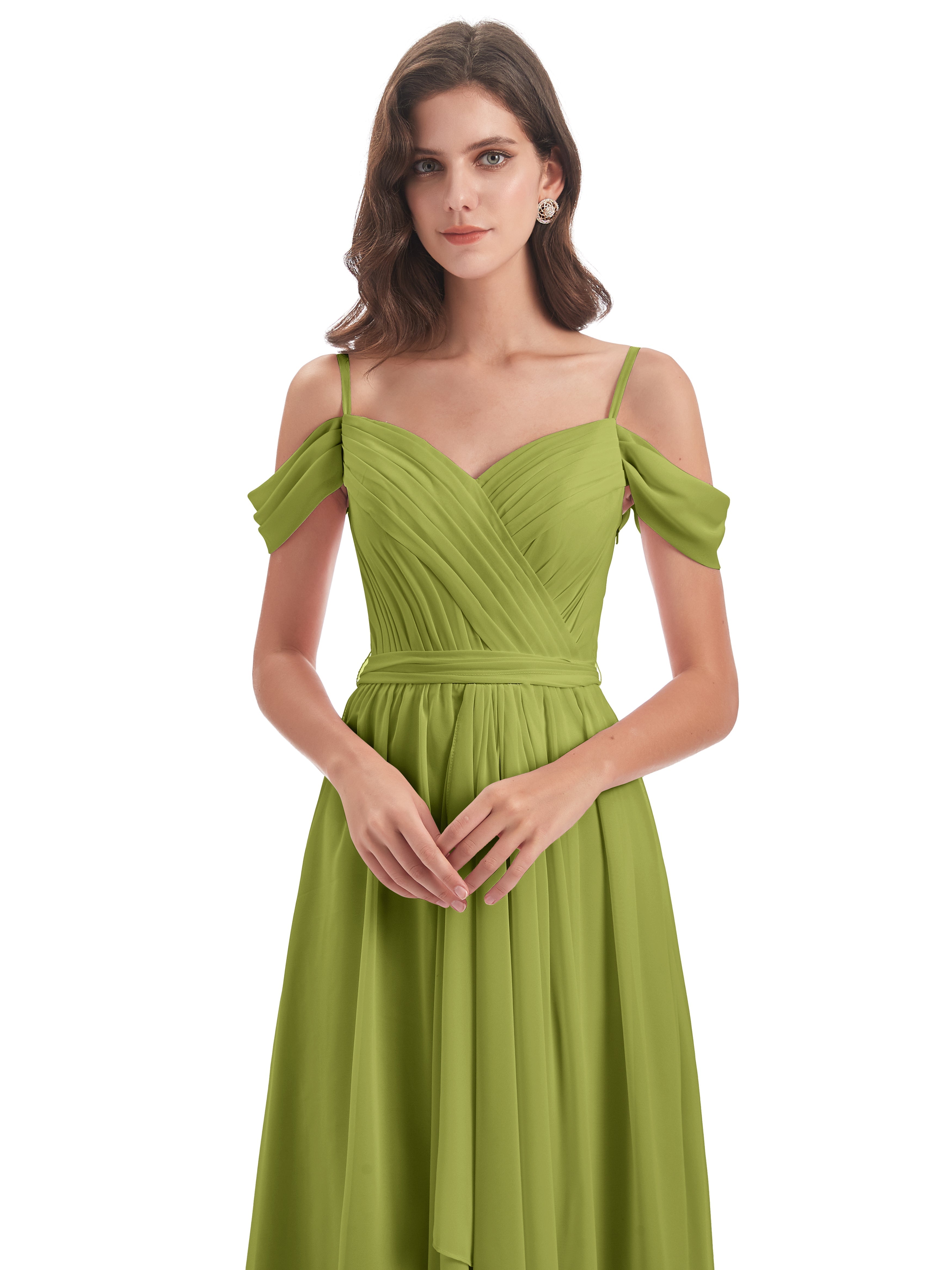 Robes De Demoiselle D'Honneur Trèfle Bretelles Spaghetti Fendue Plis Robes Demoiselle D'Honneur