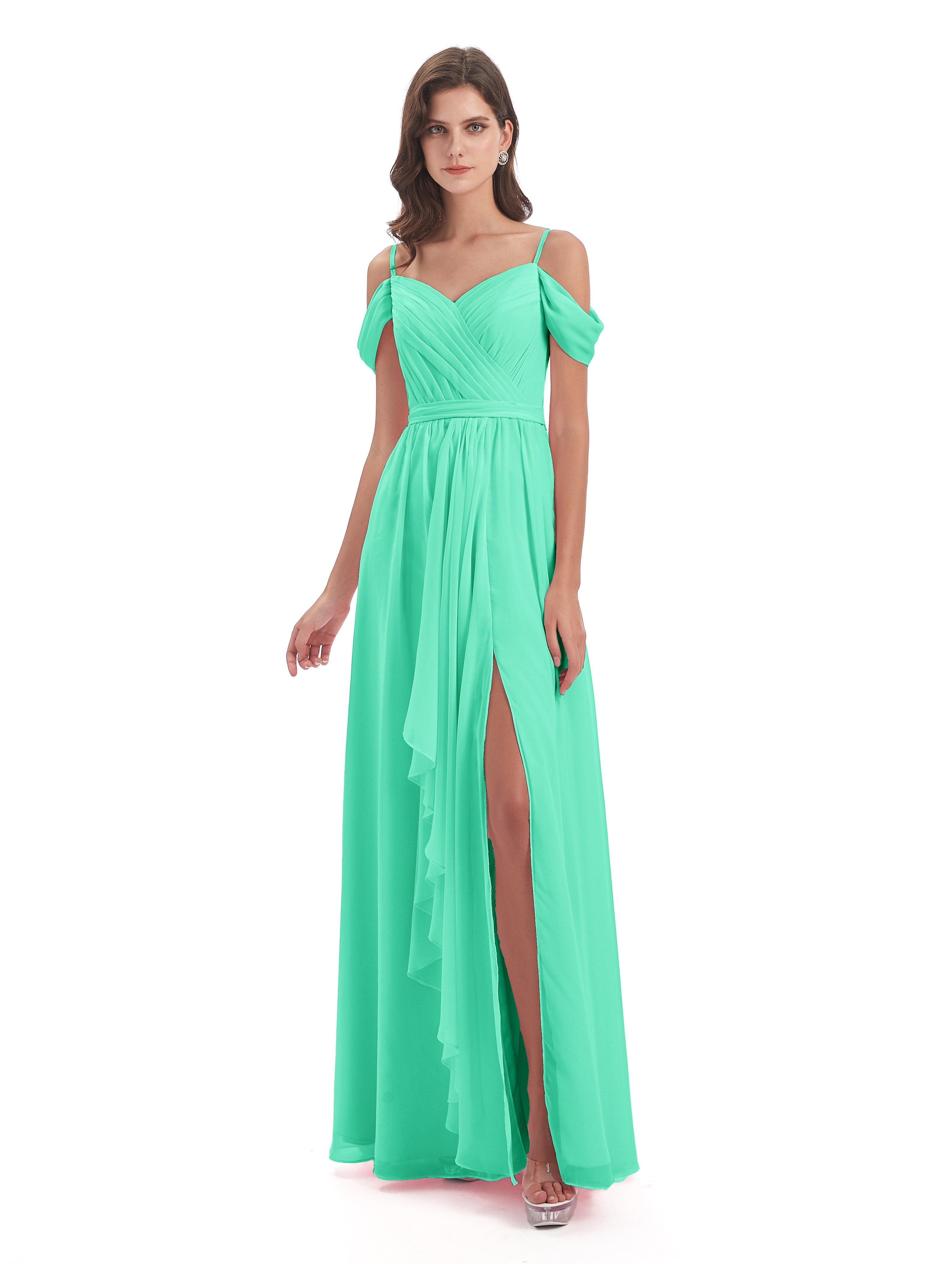 Robe Turquoise Demoiselle D Honneur Bretelles Spaghetti Fendue Plis Robes Demoiselle D'Honneur