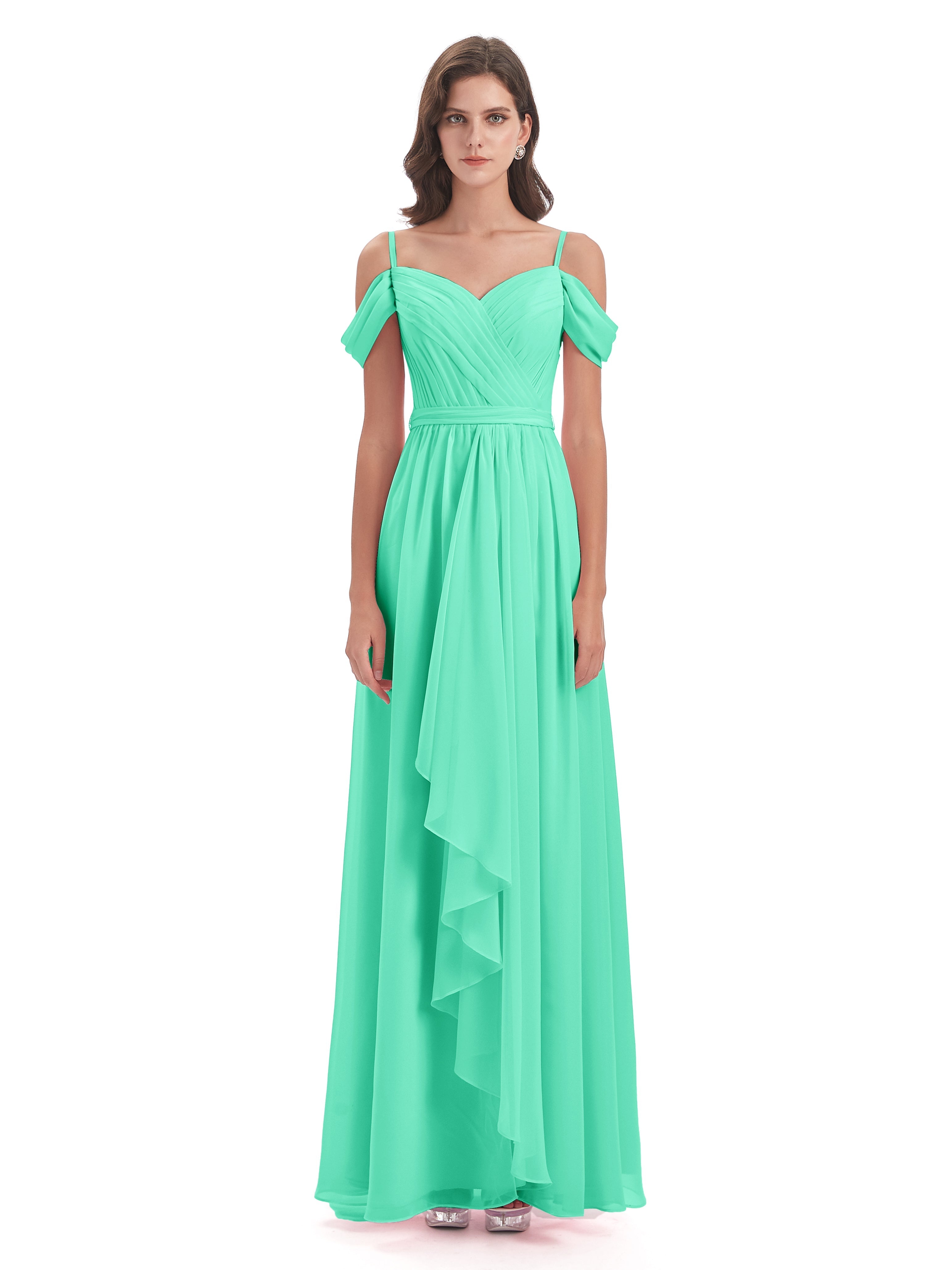 Robe Turquoise Demoiselle D Honneur Bretelles Spaghetti Fendue Plis Robes Demoiselle D'Honneur