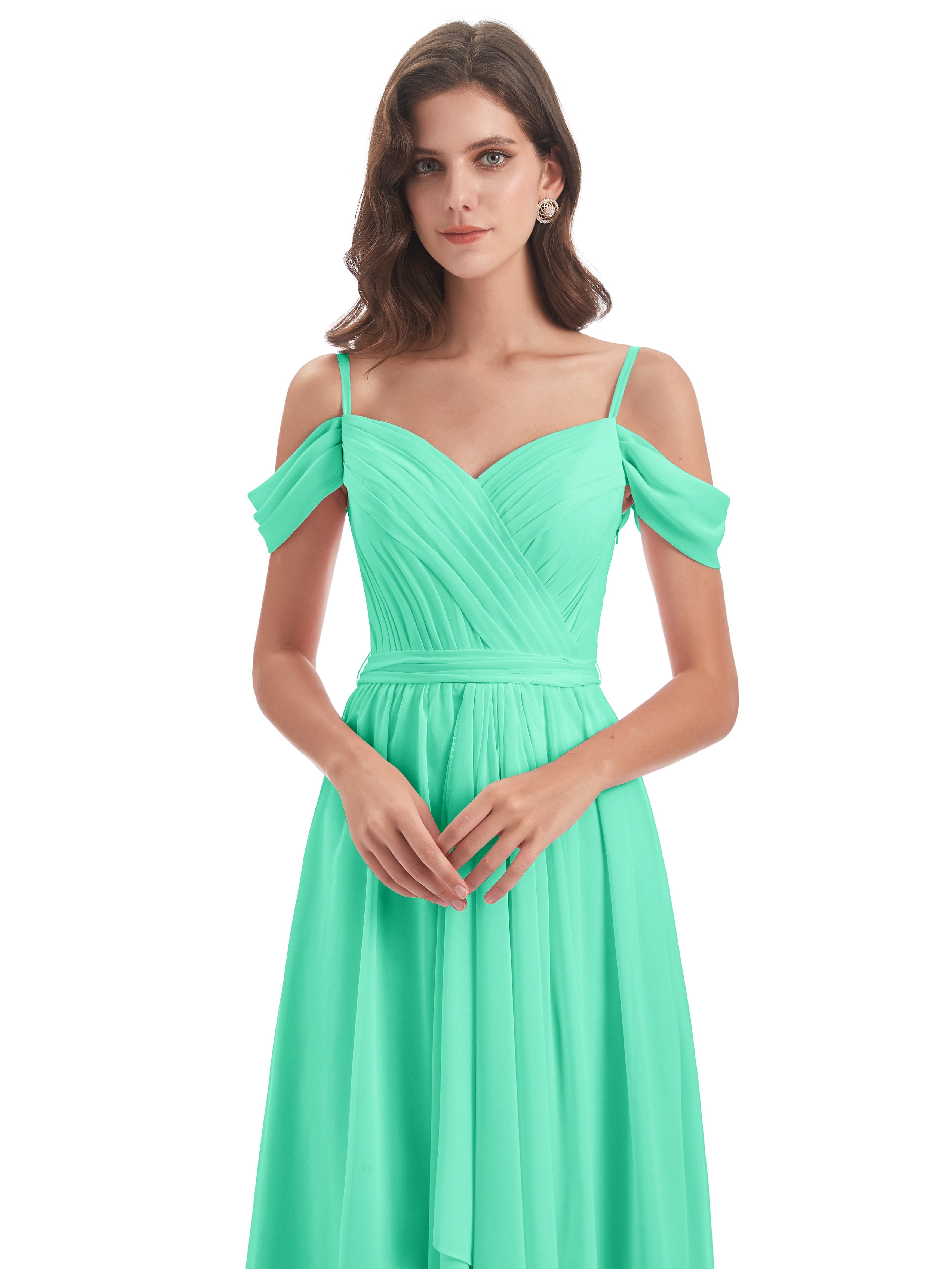 Robe Turquoise Demoiselle D Honneur Bretelles Spaghetti Fendue Plis Robes Demoiselle D'Honneur