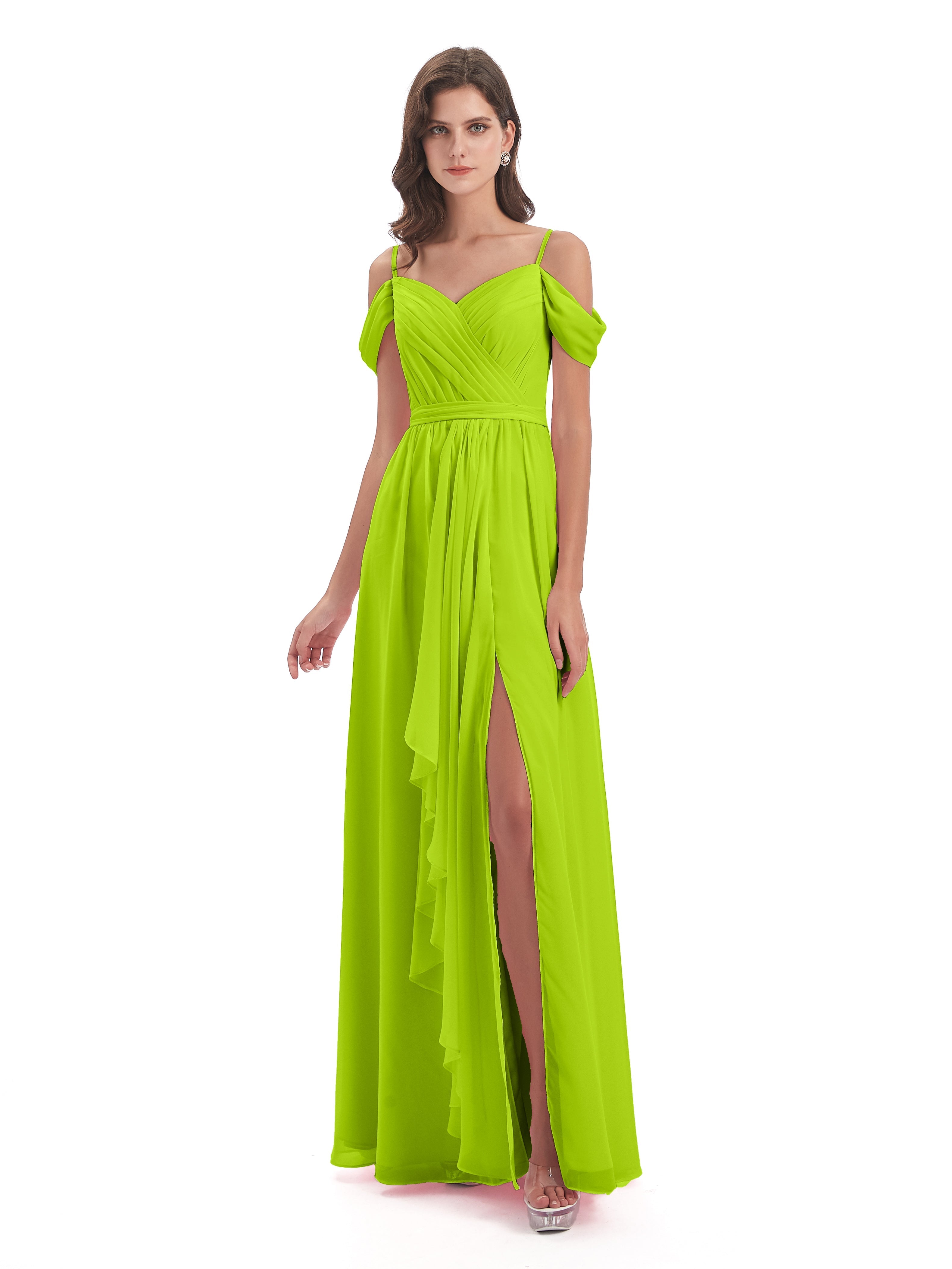 Robes De Demoiselle D'Honneur Vert Citron Bretelles Spaghetti Fendue Plis Robes Demoiselle D'Honneur