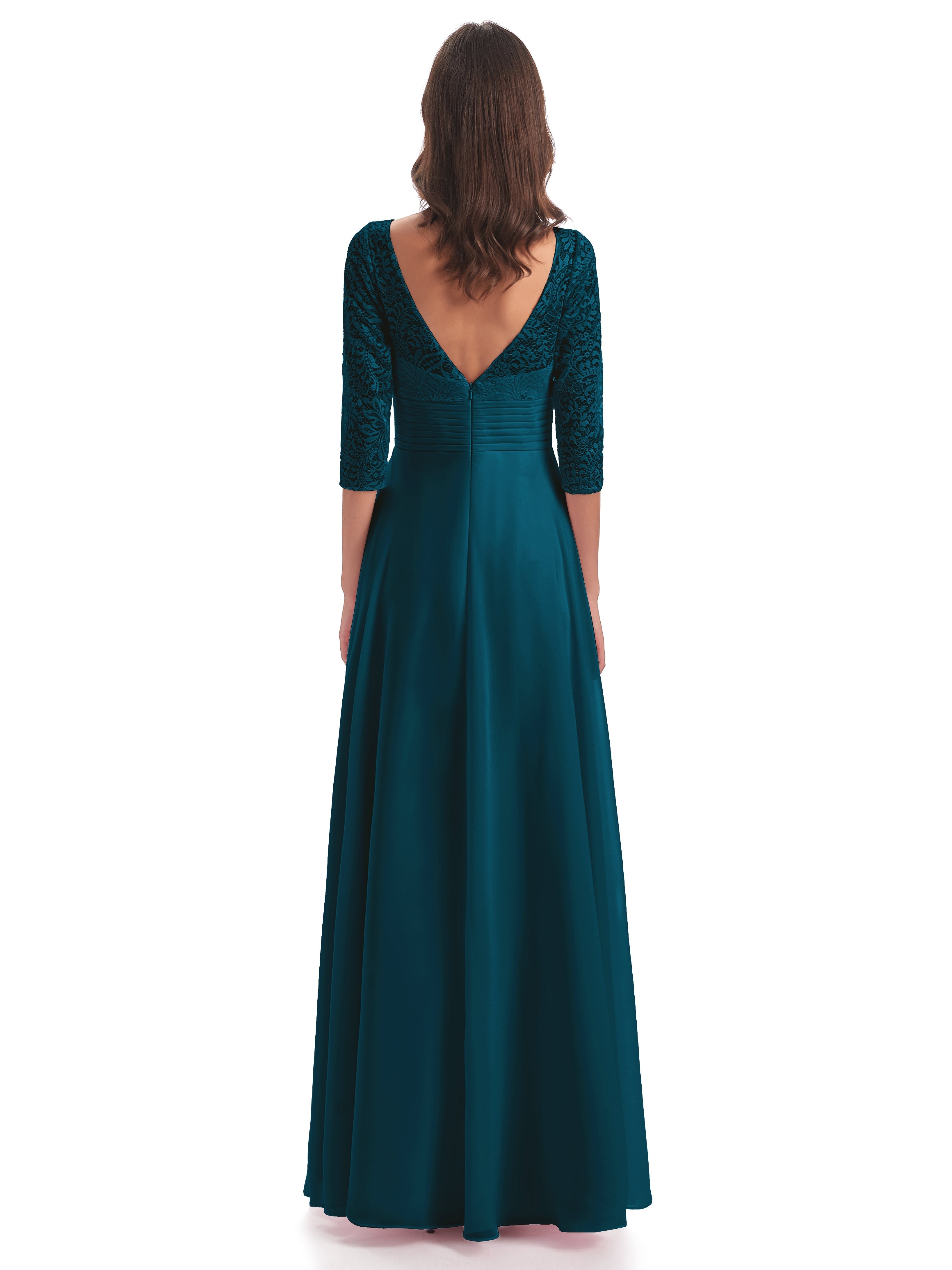 Robes De Demoiselle D'Honneur Bleu Encre Dos En V Manches 3/4 Robes Demoiselle D'Honneur