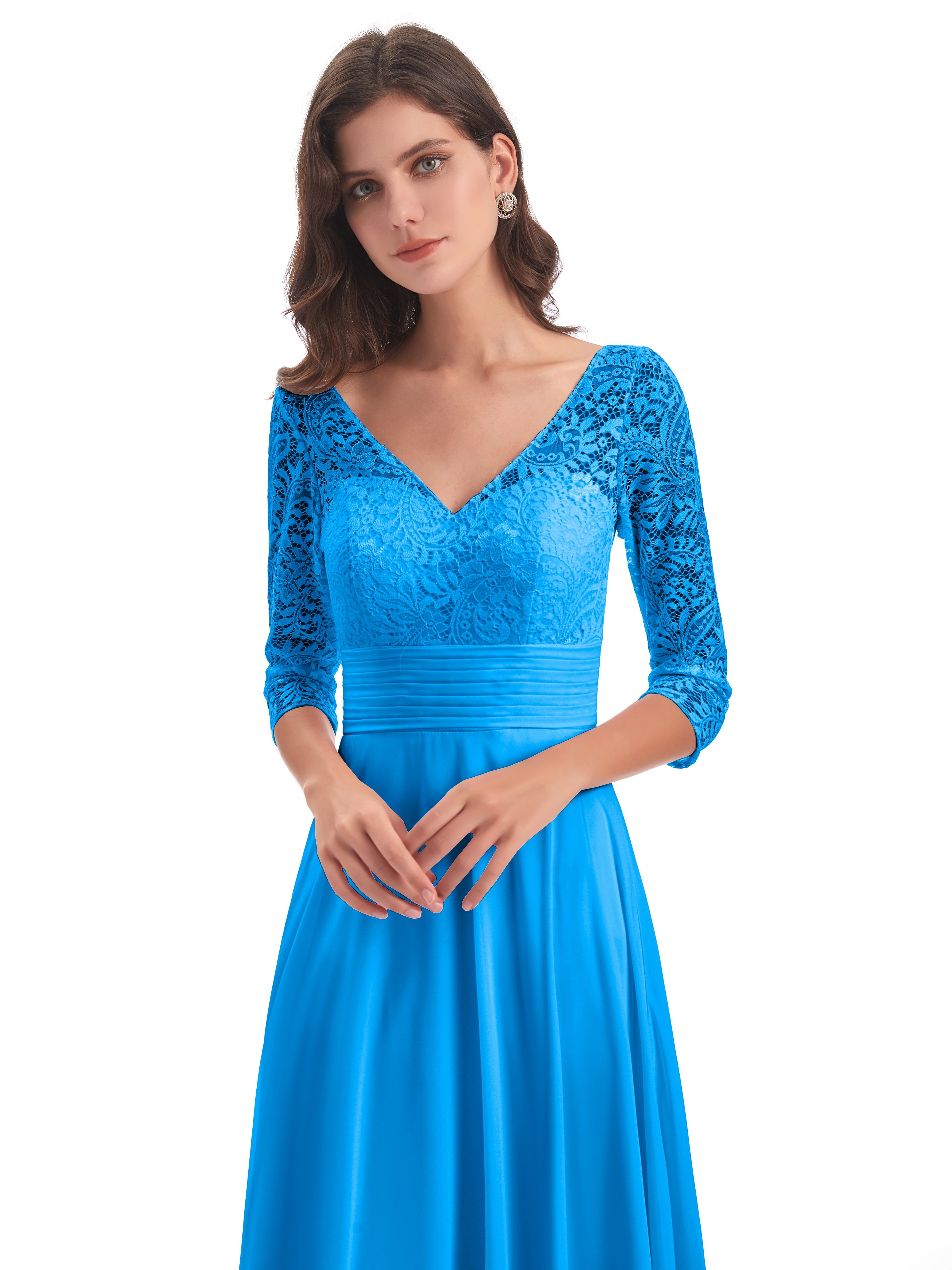 Robes De Demoiselle D'Honneur Bleu Océan Dos En V Manches 3/4 Robes Demoiselle D'Honneur