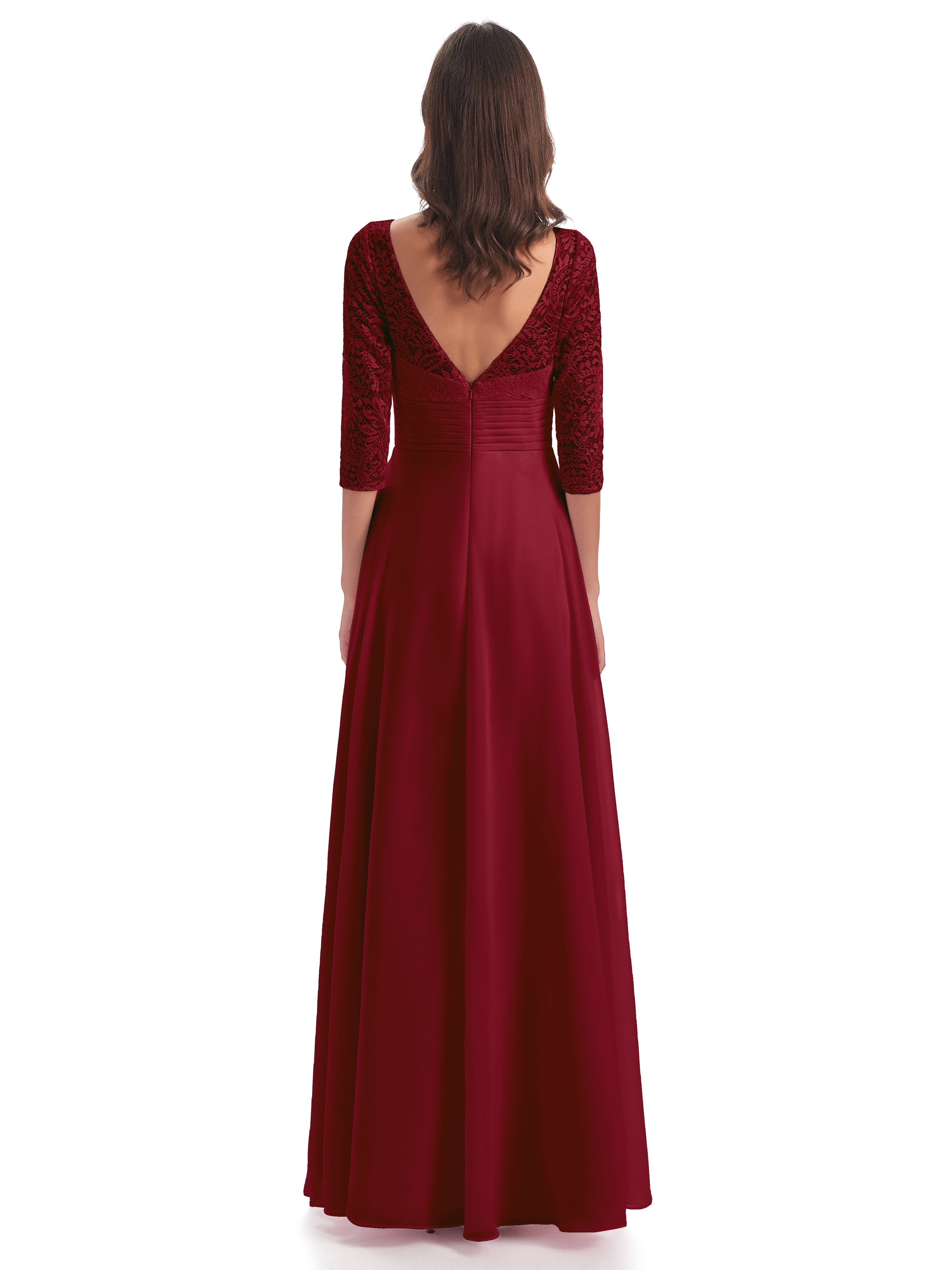 Robes De Demoiselle D'Honneur Rouge Bordeaux Dos En V Manches 3/4 Robes Demoiselle D'Honneur