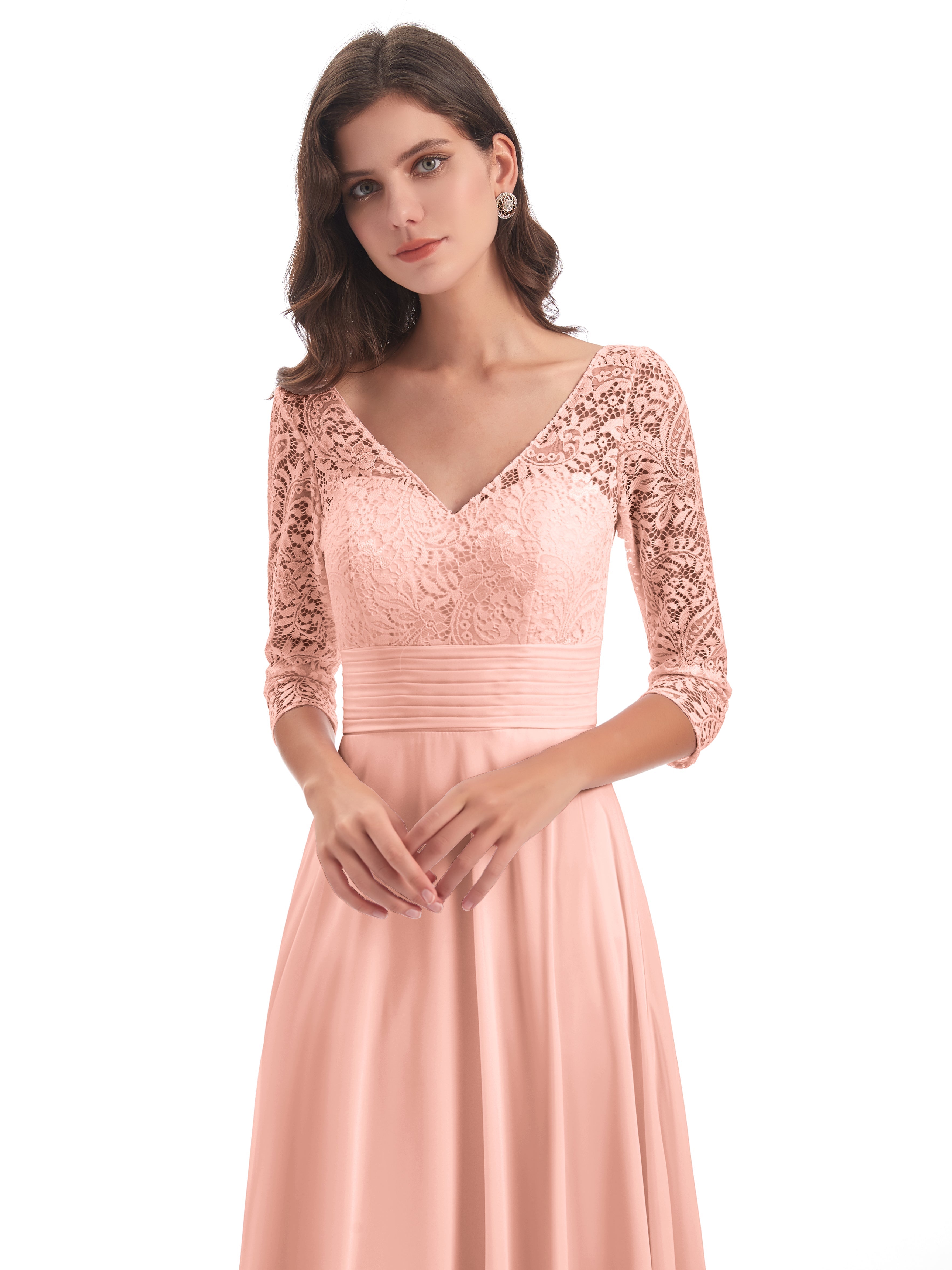 Robe Demoiselle D Honneur Corail Dos En V Manches 3/4 Robes Demoiselle D'Honneur