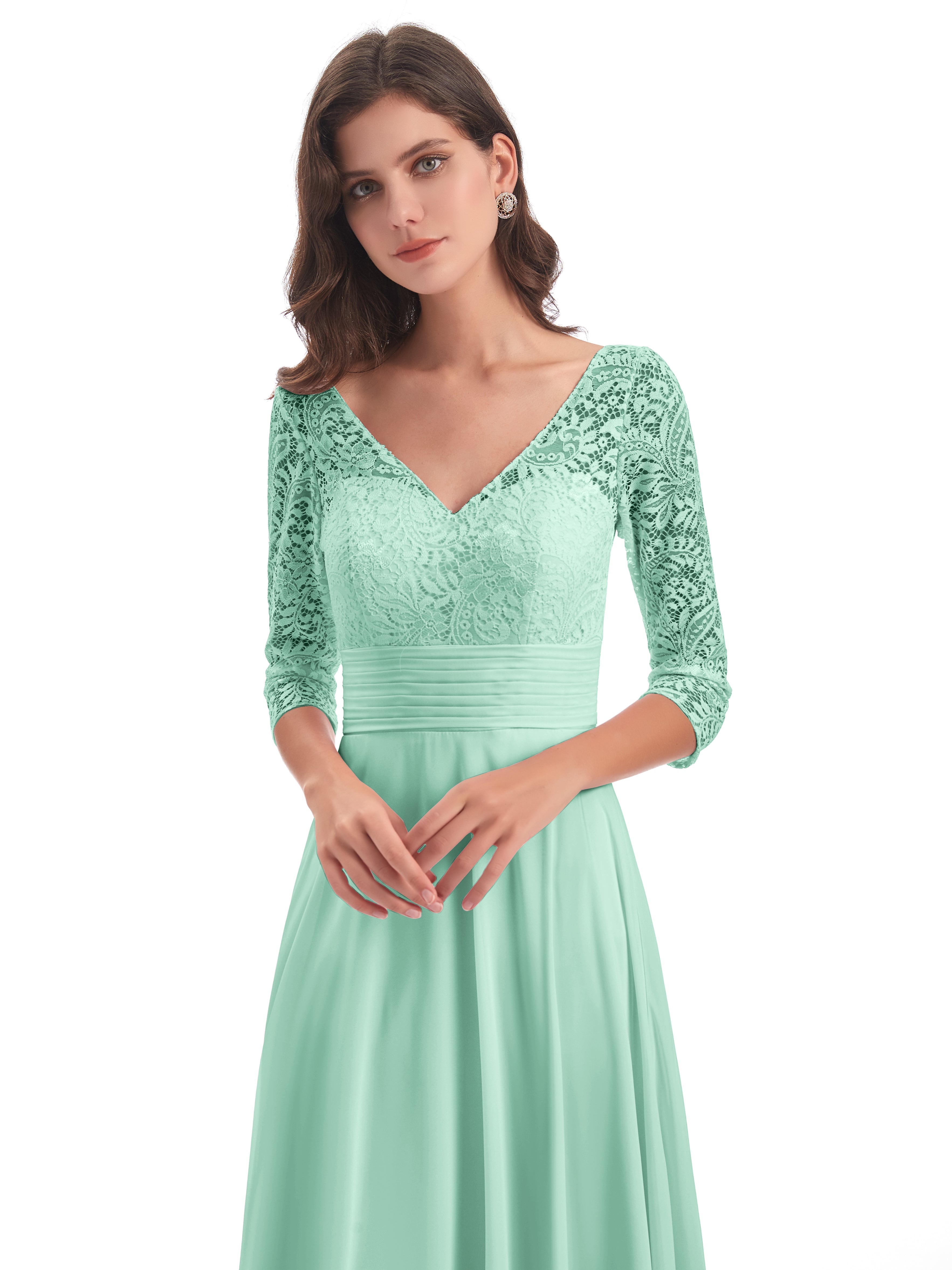 Robe Demoiselle D Honneur Menthe Dos En V Manches 3/4 Robes Demoiselle D'Honneur