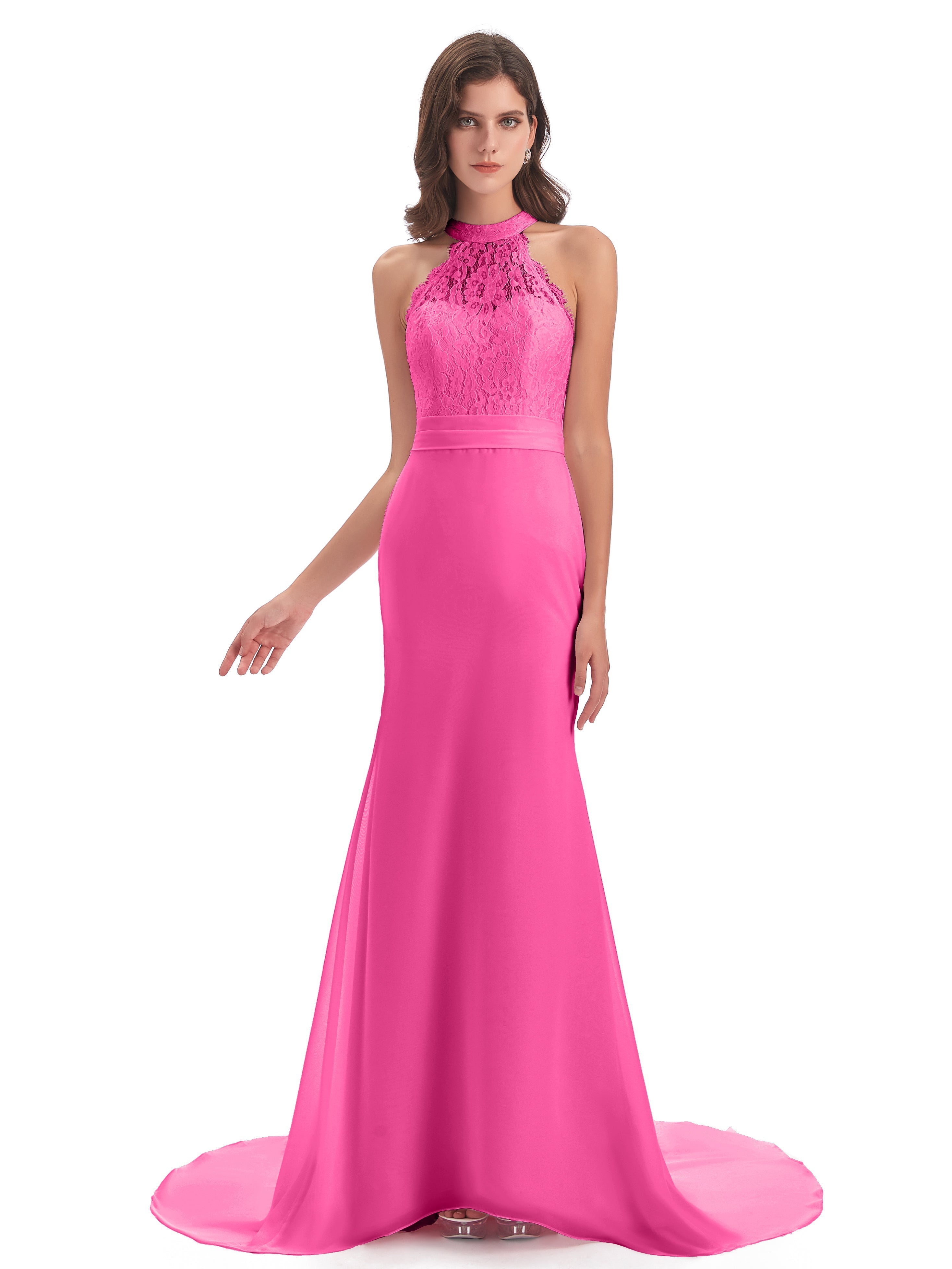 Robe Demoiselle D Honneur En Azalée Dentelle/Mousseline Longue Robes Demoiselle D'Honneur