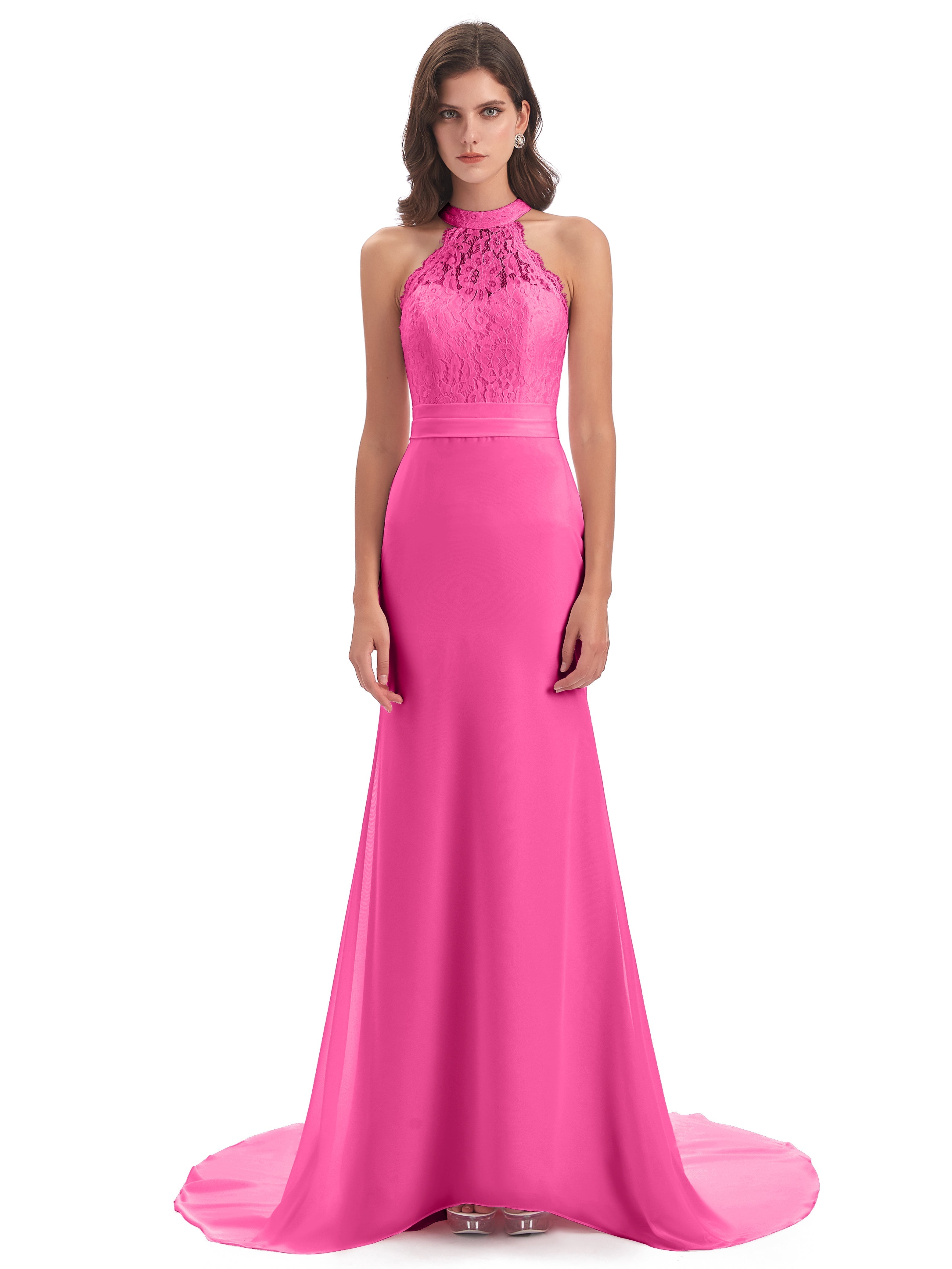 Robe Demoiselle D Honneur En Azalée Dentelle/Mousseline Longue Robes Demoiselle D'Honneur