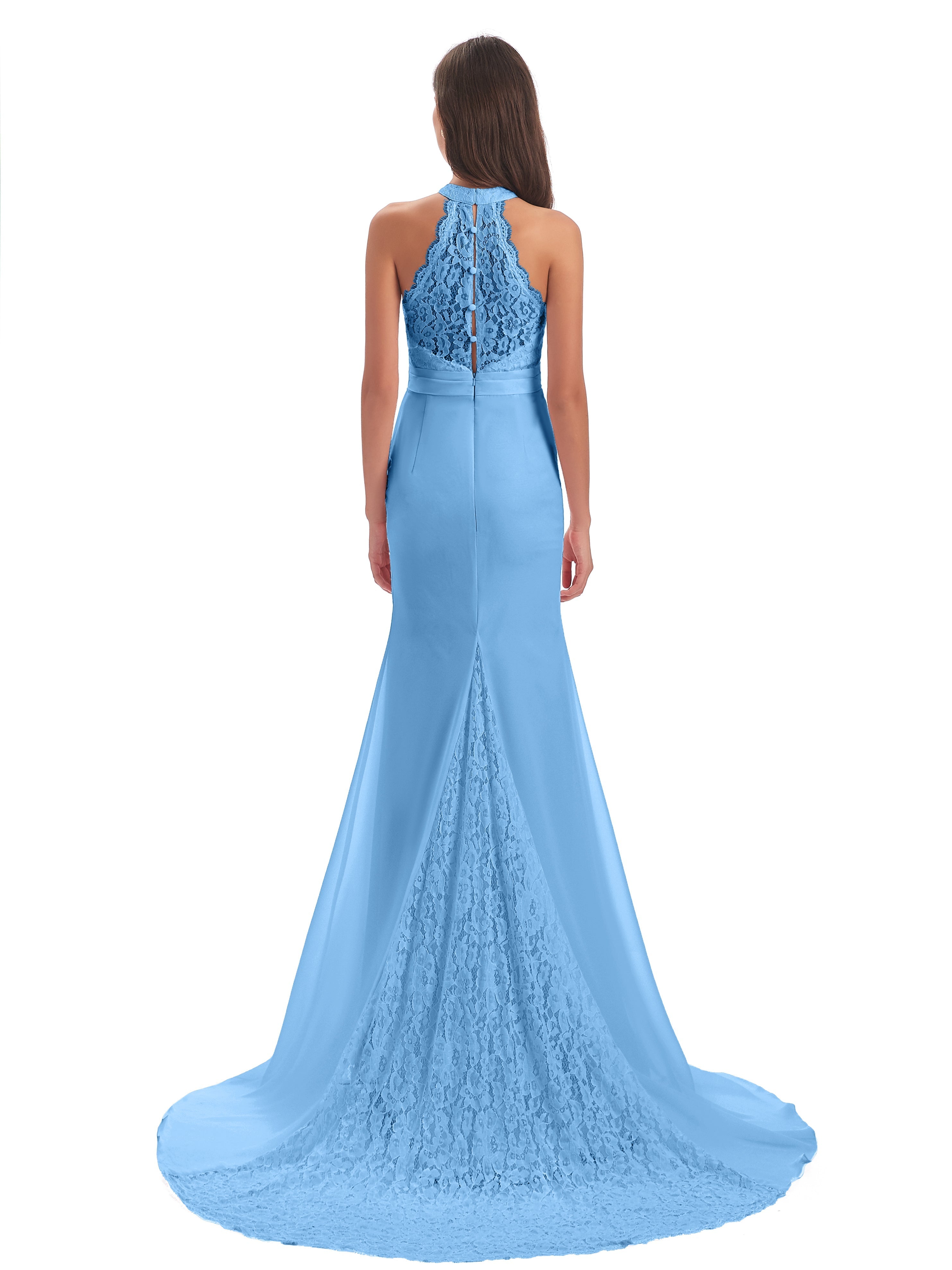 Robes De Demoiselle D'Honneur Bleu Clair Longues Dentelle/Mousseline Longue Robes Demoiselle D'Honneur