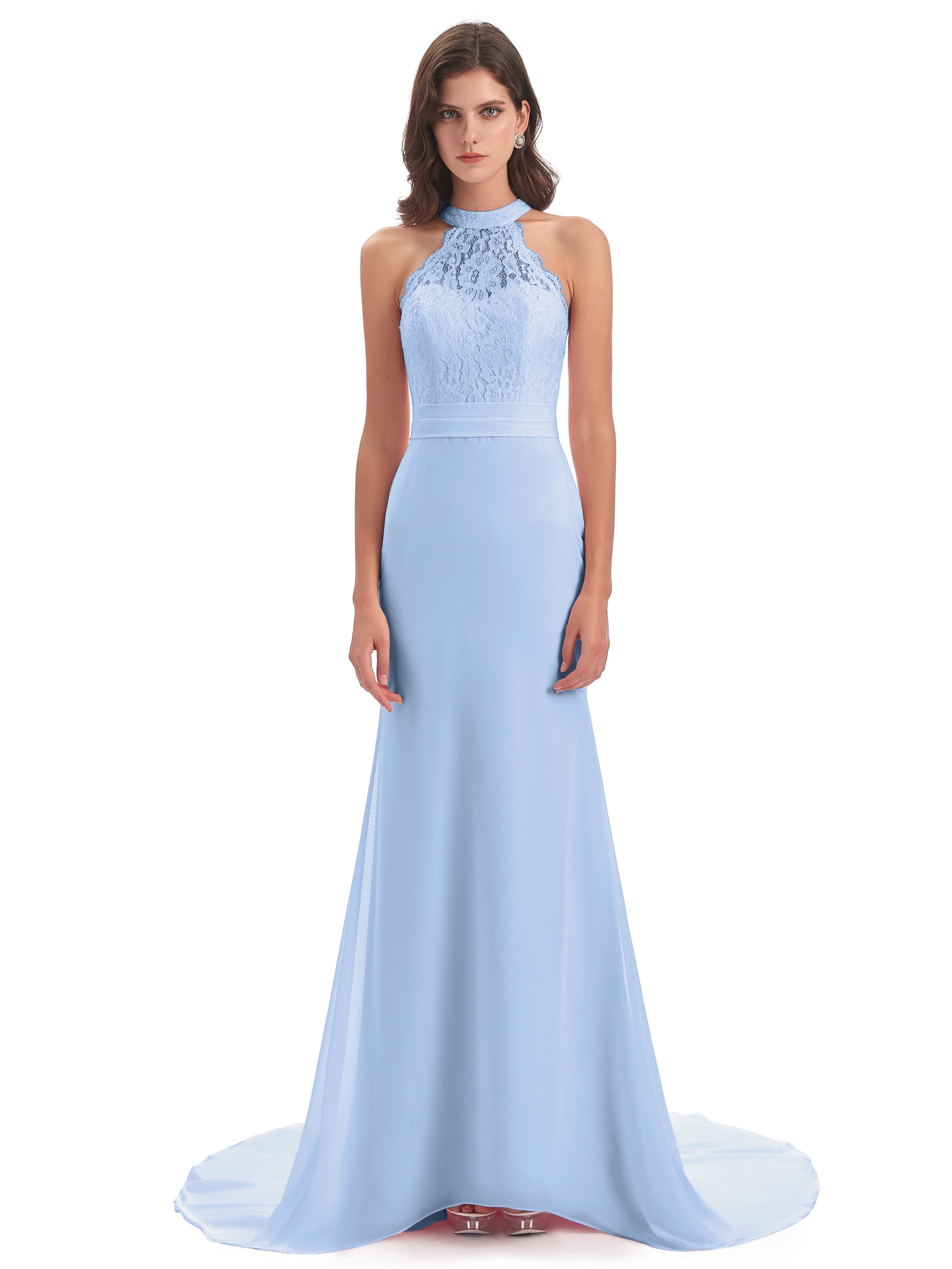 Robe Demoiselle D Honneur Bleu Ciel Dentelle/Mousseline Longue Robes Demoiselle D'Honneur