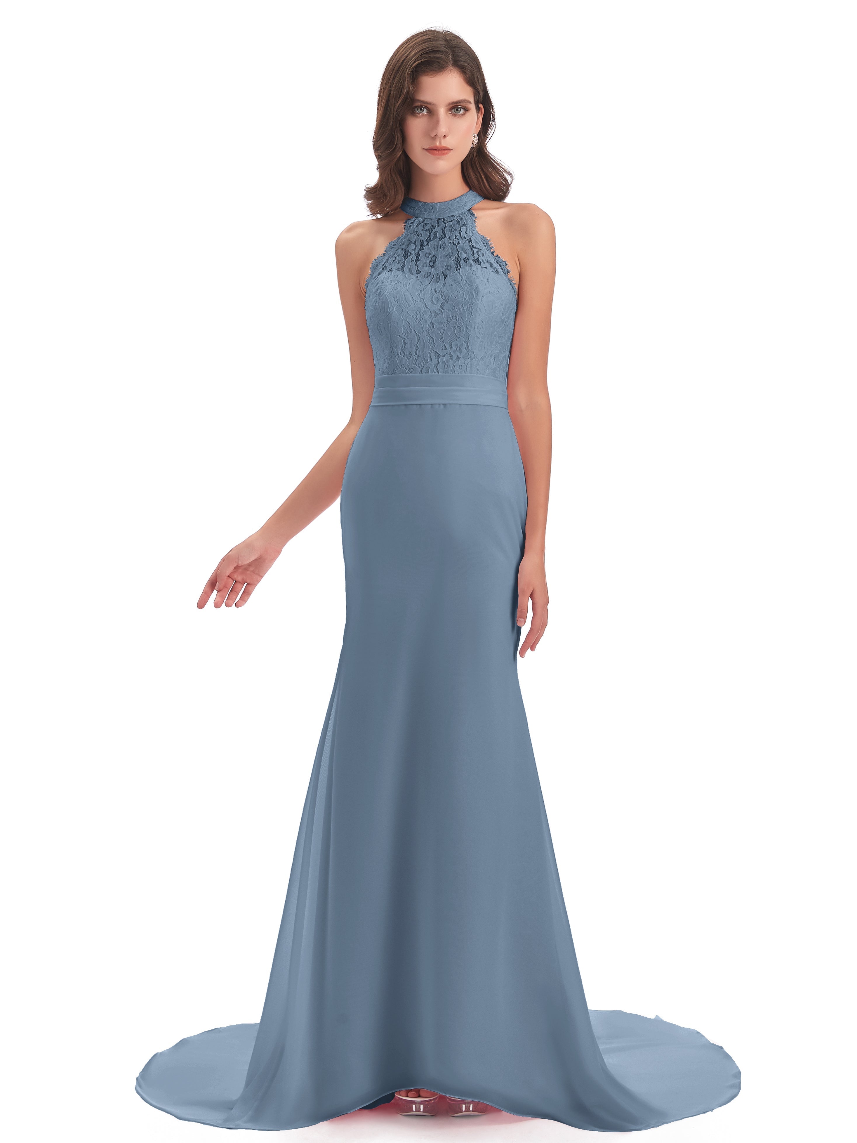 Robes De Demoiselle D'Honneur Bleu De Schiste Dentelle/Mousseline Longue Robes Demoiselle D'Honneur