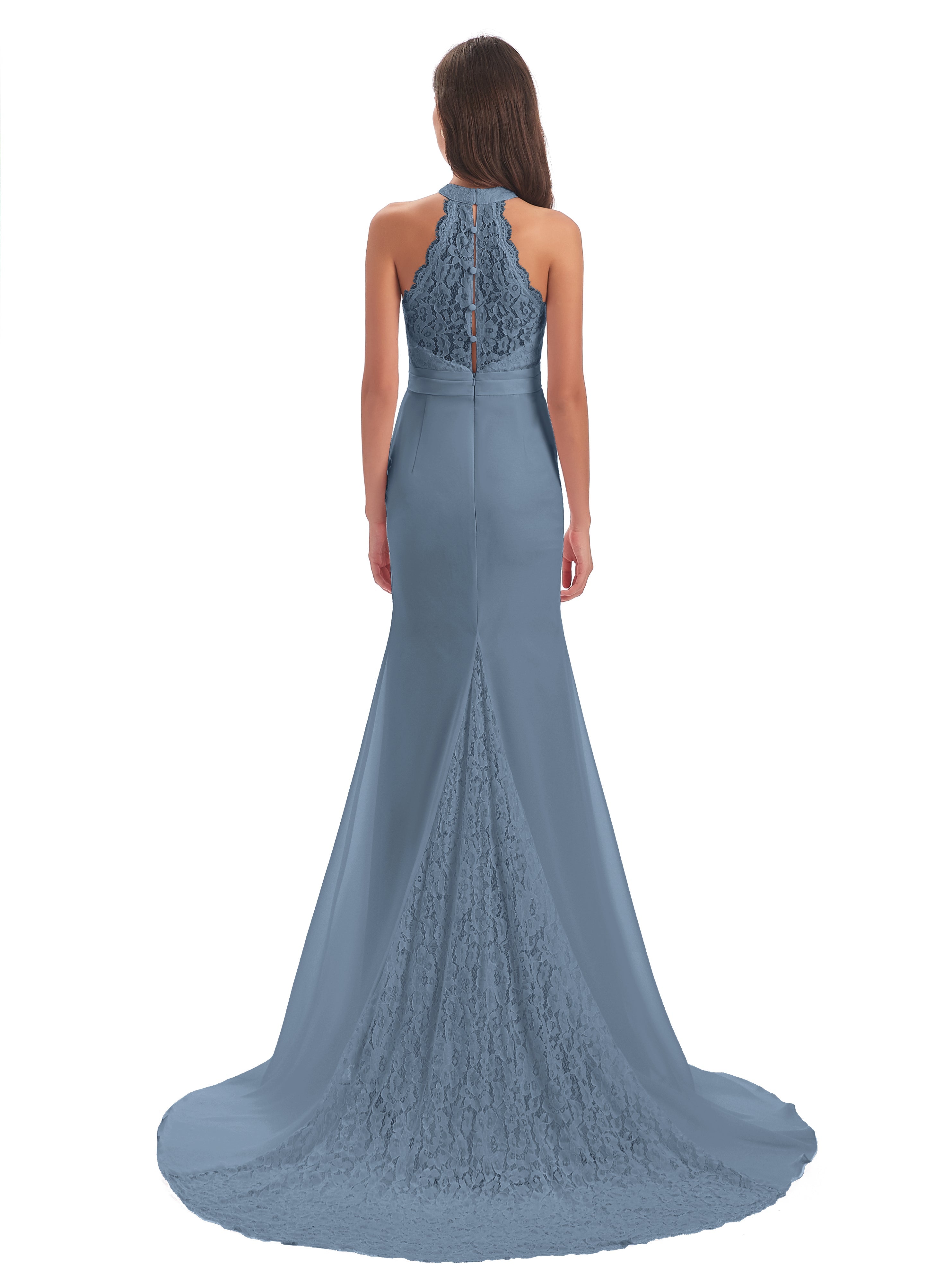 Robes De Demoiselle D'Honneur Bleu De Schiste Dentelle/Mousseline Longue Robes Demoiselle D'Honneur