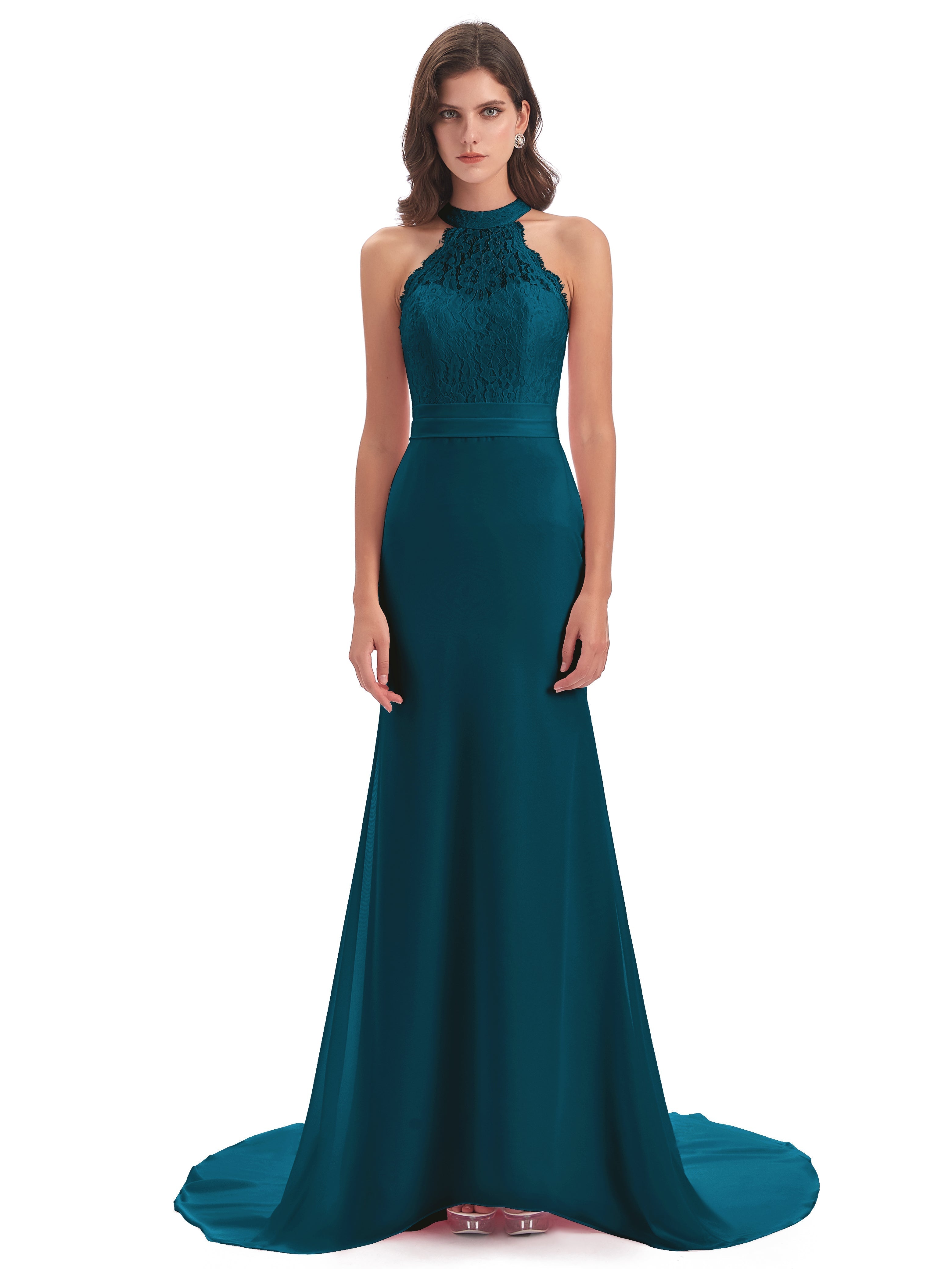 Robes De Demoiselle D'Honneur Bleu Encre Dentelle/Mousseline Longue Robes Demoiselle D'Honneur