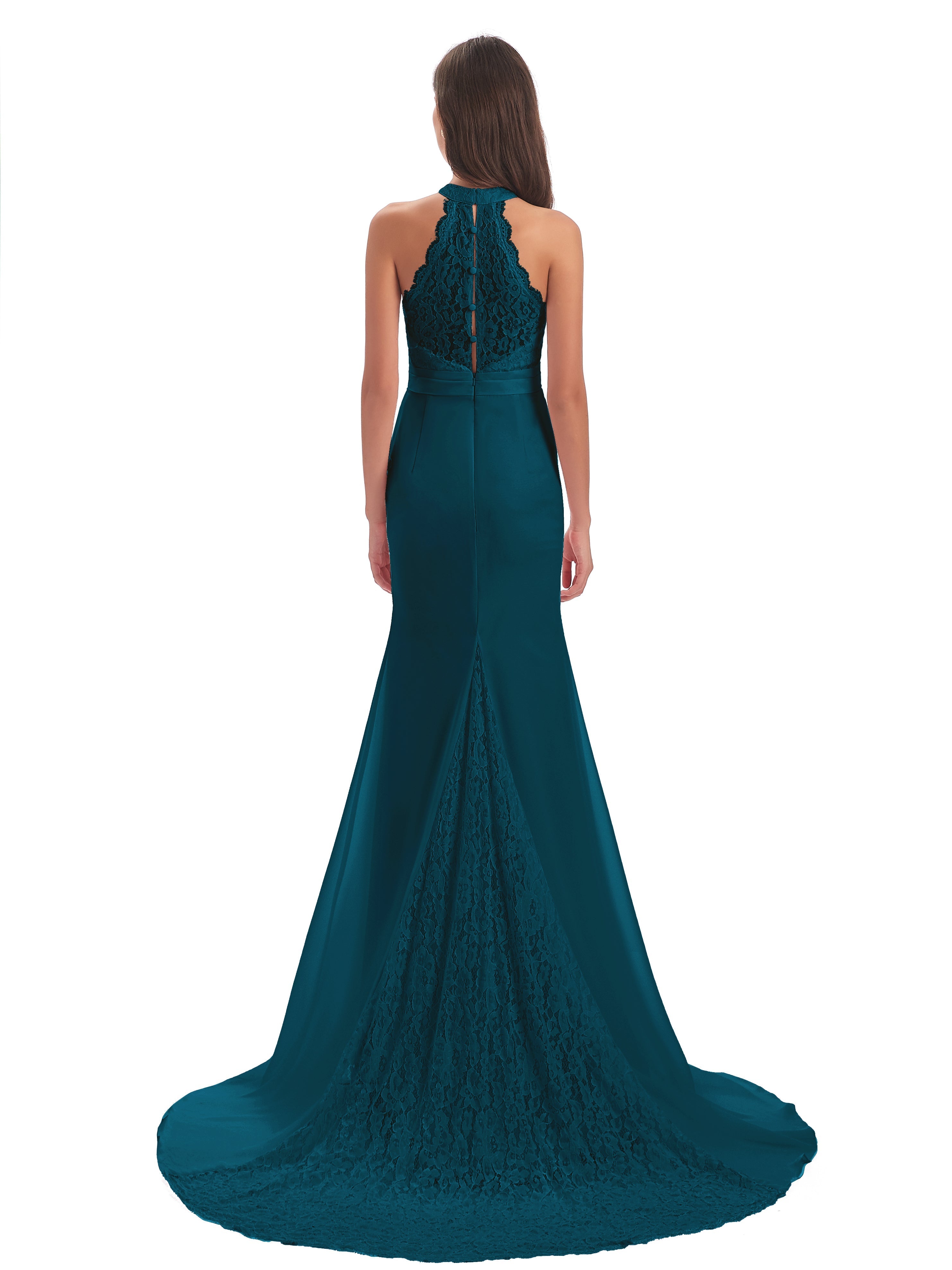 Robes De Demoiselle D'Honneur Bleu Encre Dentelle/Mousseline Longue Robes Demoiselle D'Honneur