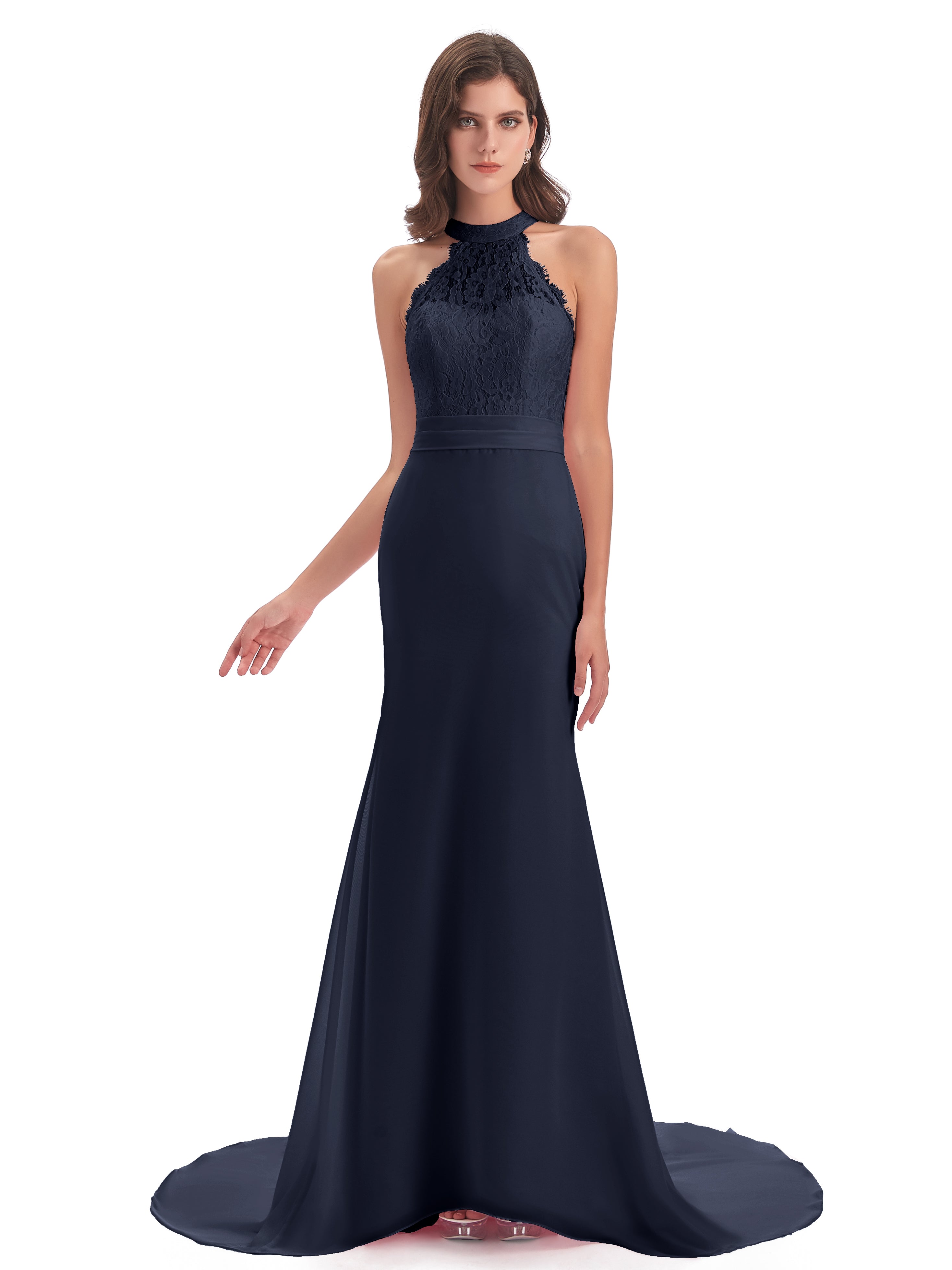 Demoiselle D'Honneur Bleu Marine Dentelle/Mousseline Longue Robes Demoiselle D'Honneur