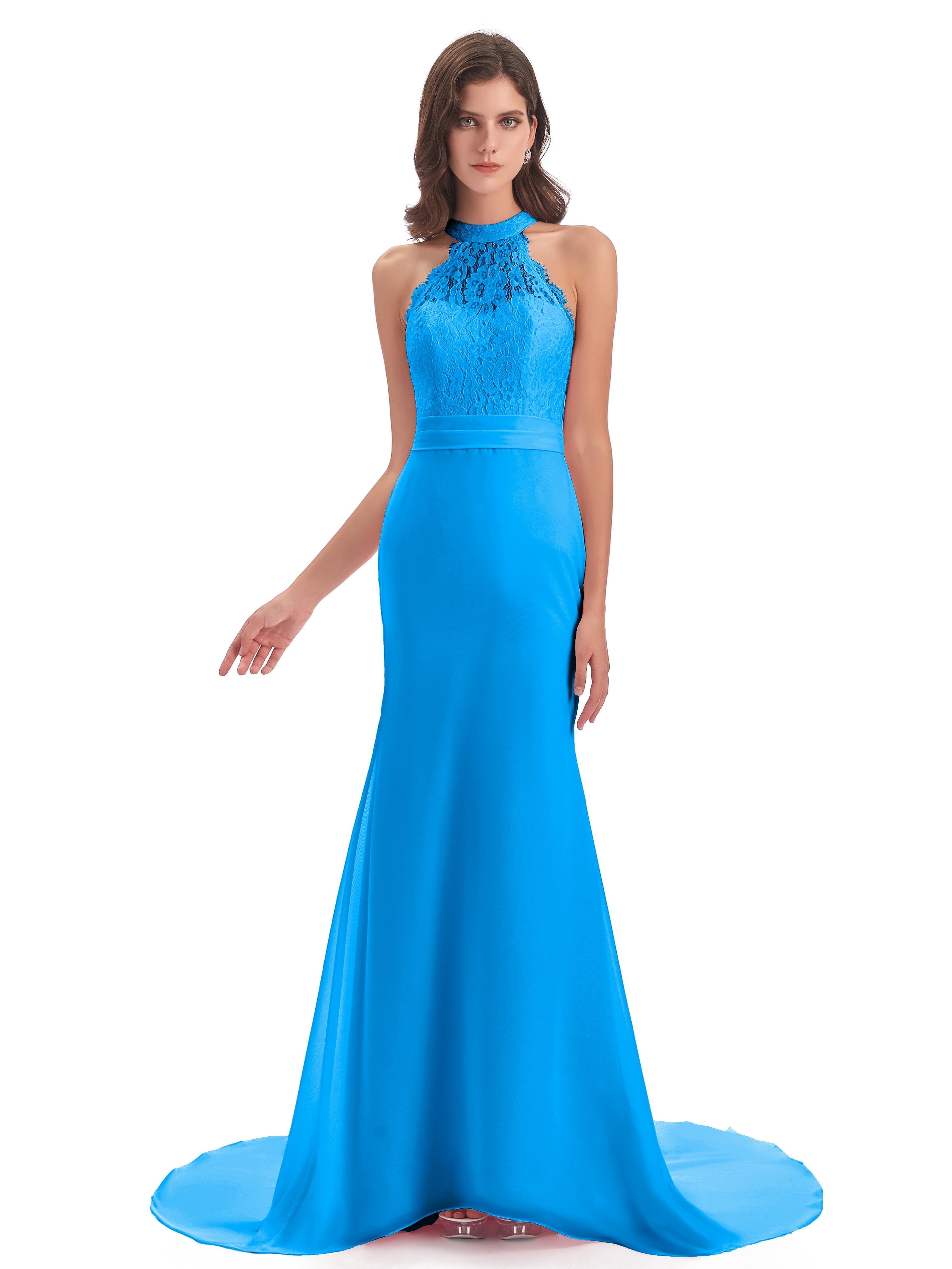 Robes De Demoiselle D'Honneur Bleu Océan Dentelle/Mousseline Longue Robes Demoiselle D'Honneur