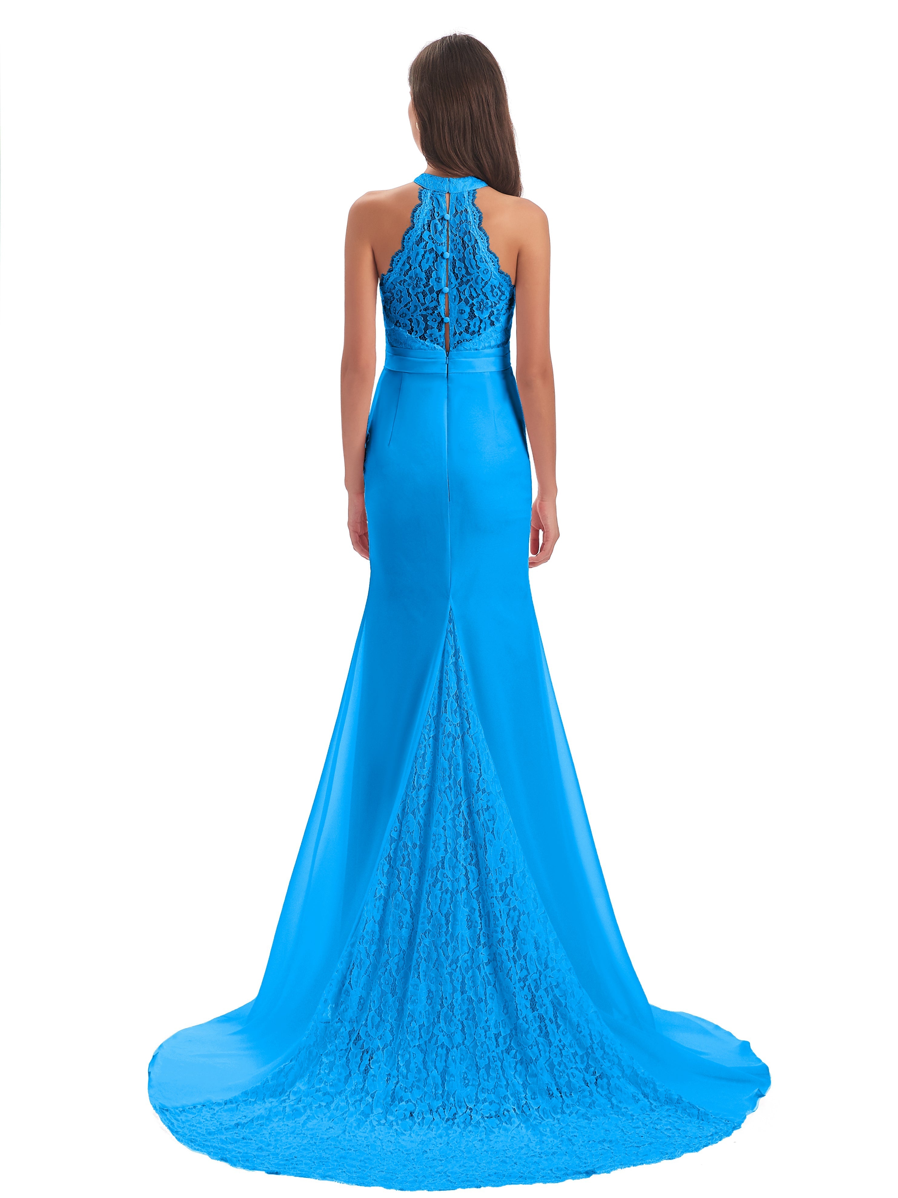 Robes De Demoiselle D'Honneur Bleu Océan Dentelle/Mousseline Longue Robes Demoiselle D'Honneur