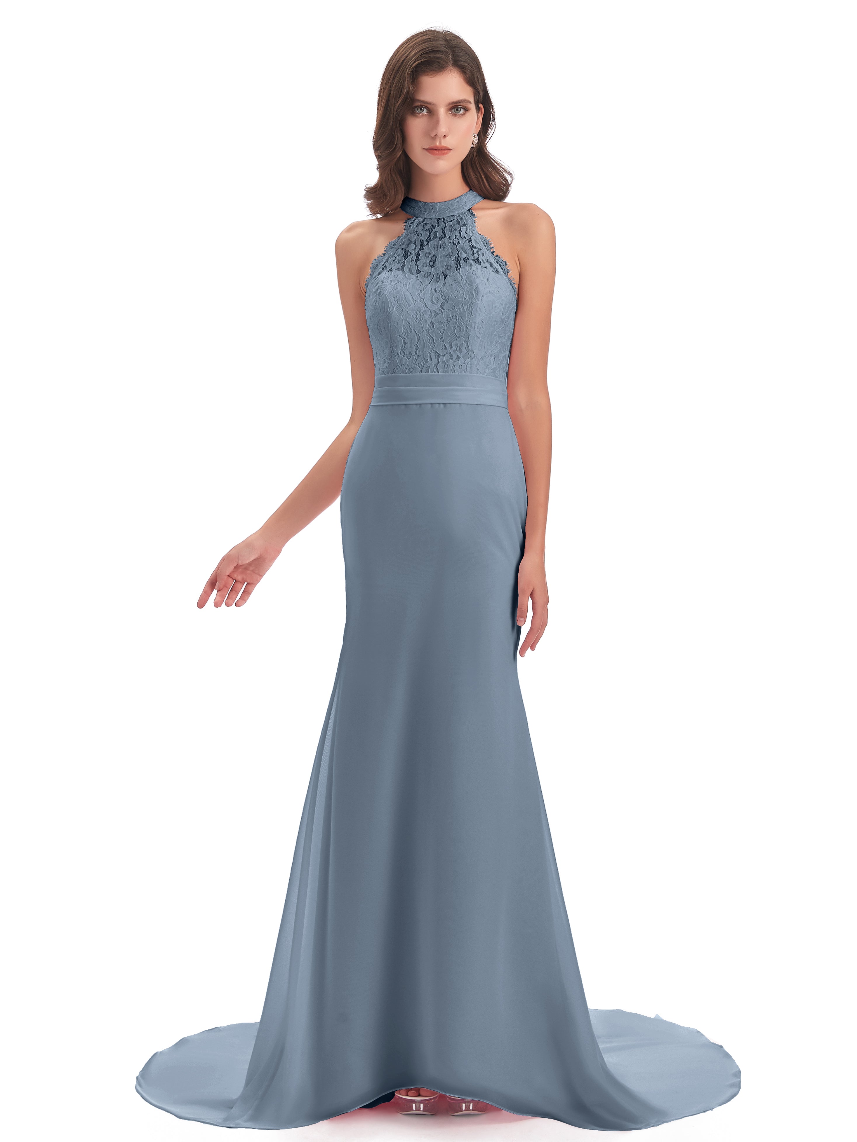 Robes De Demoiselle D'Honneur Bleu Gris Dentelle/Mousseline Longue Robes Demoiselle D'Honneur