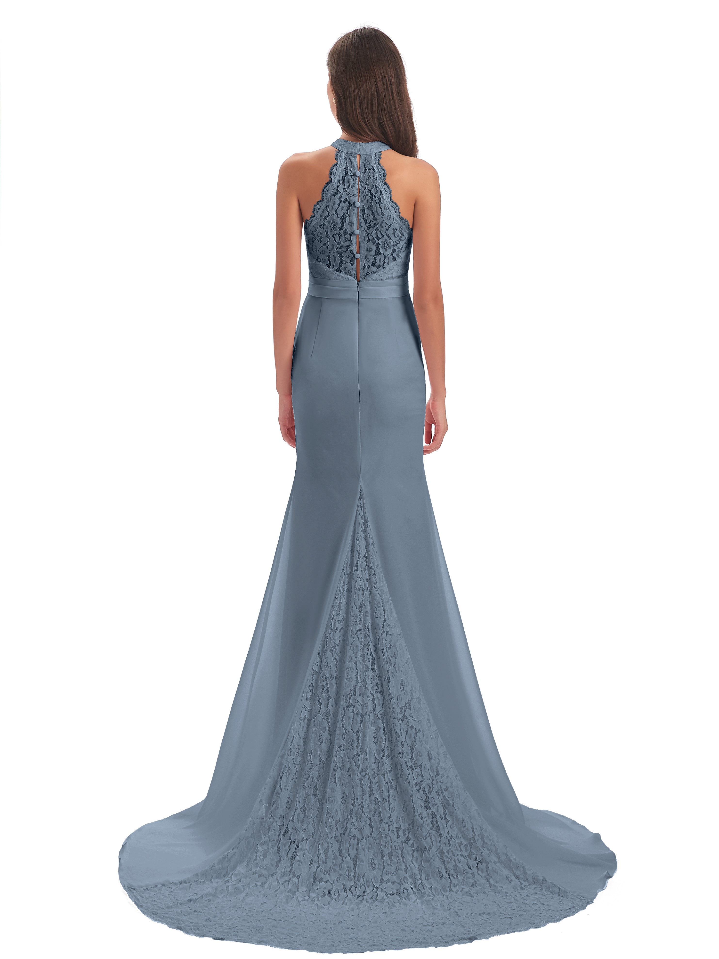 Robes De Demoiselle D'Honneur Bleu Gris Dentelle/Mousseline Longue Robes Demoiselle D'Honneur