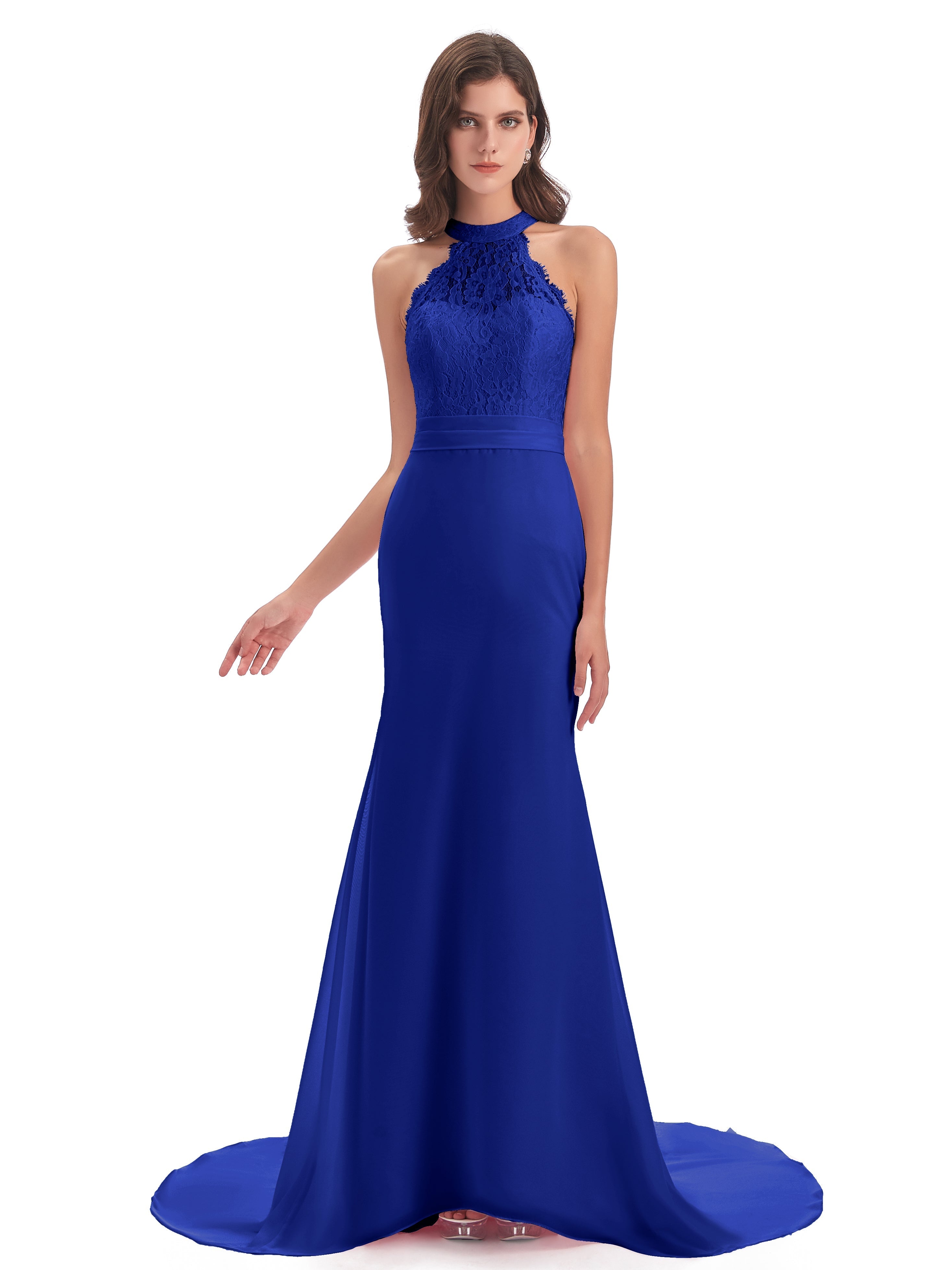 Long Robe Demoiselle D Honneur Bleu Roi Dentelle/Mousseline Longue Robes Demoiselle D'Honneur